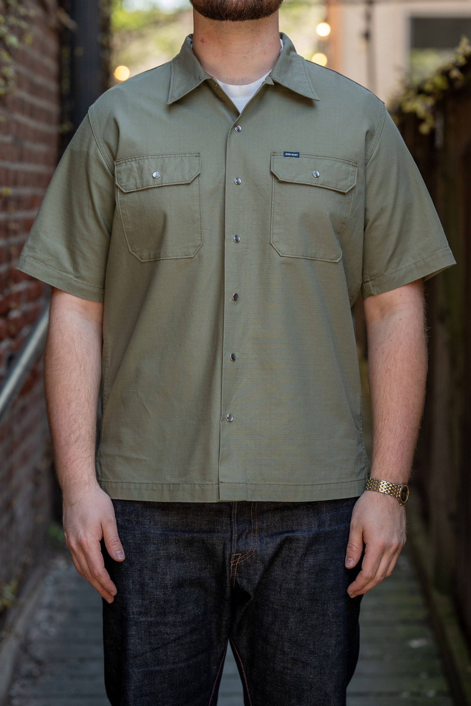 Iron Heart IHSH-415-GRN 8oz Ripstop Short Sleeved Mechanic Shirt - Military Green
