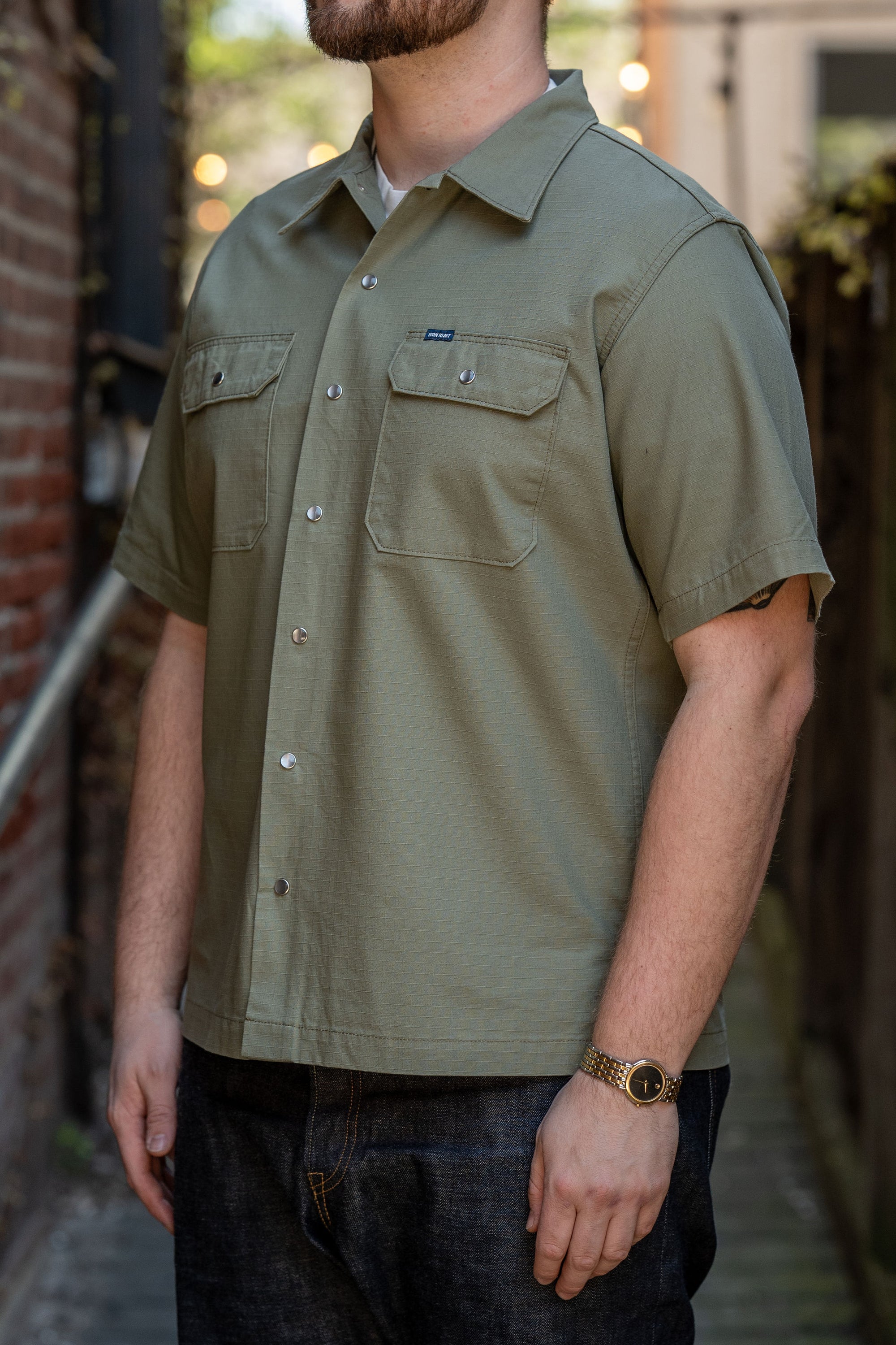 Iron Heart IHSH-415-GRN 8oz Ripstop Short Sleeved Mechanic Shirt - Military Green