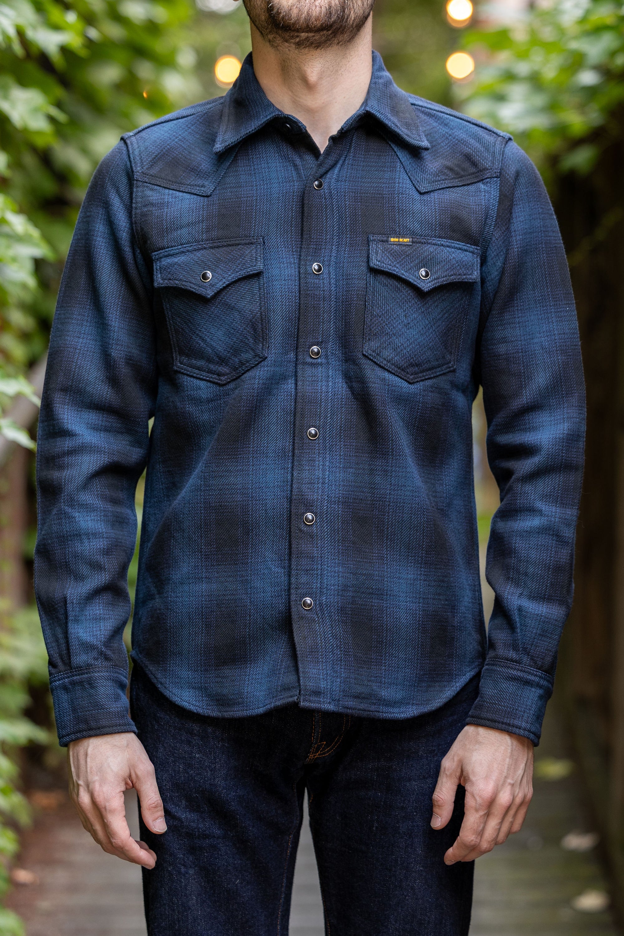 Iron Heart IHSH-264-NAV - Ultra Heavy Flannel Ombré Check Western Shirt - Navy/Black
