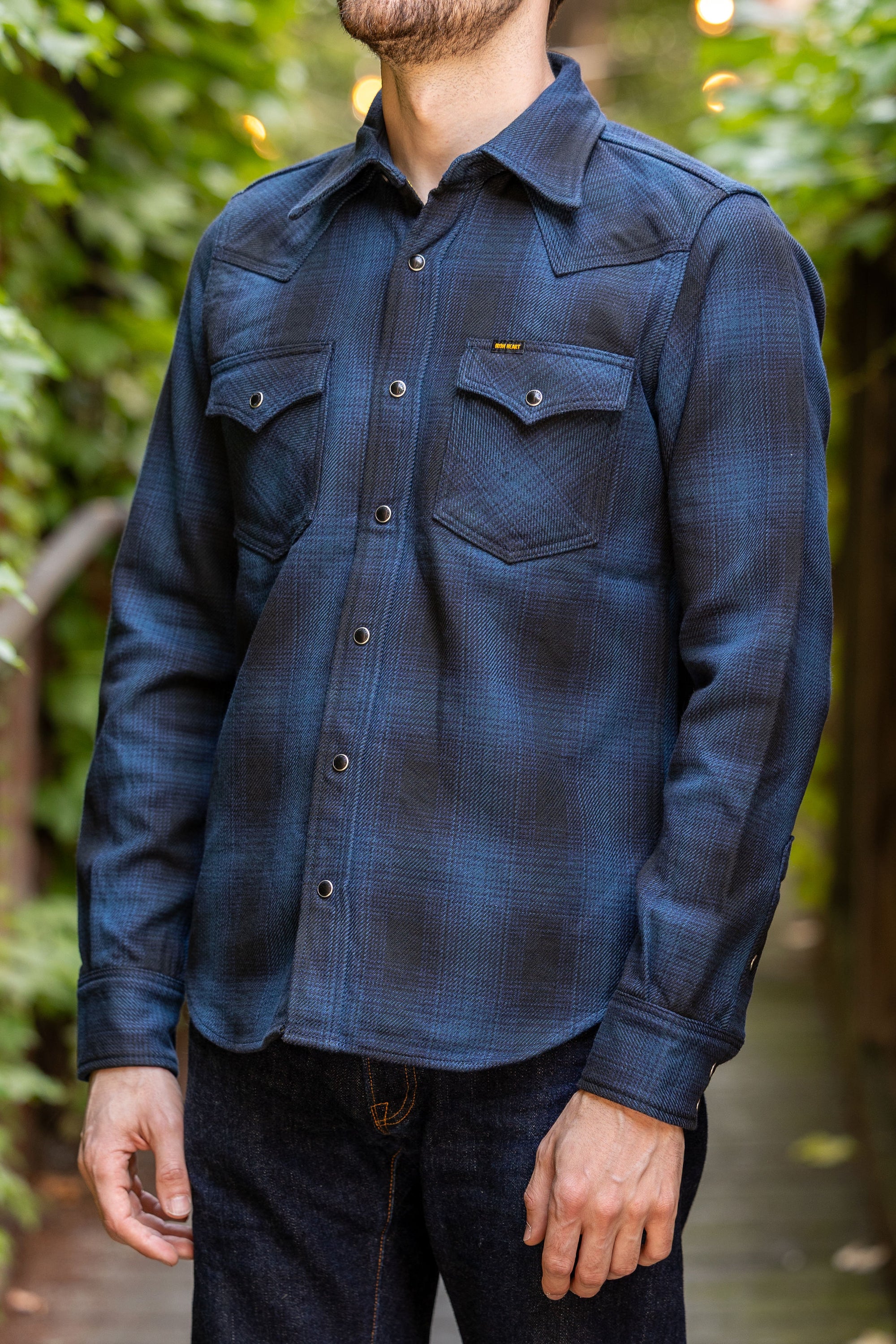 Iron Heart IHSH-264-NAV - Ultra Heavy Flannel Ombré Check Western Shirt - Navy/Black
