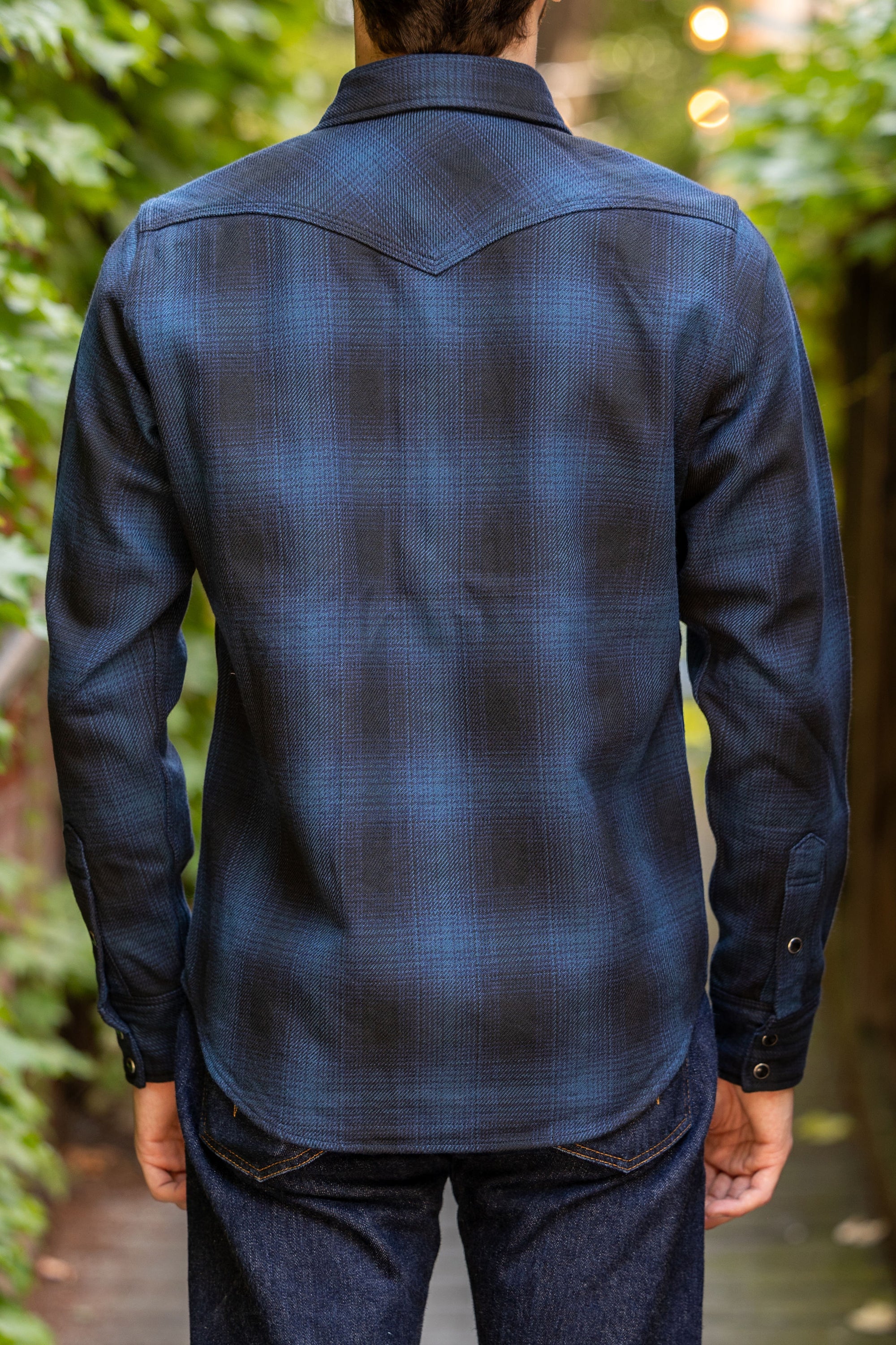 Iron Heart IHSH-264-NAV - Ultra Heavy Flannel Ombré Check Western Shirt - Navy/Black