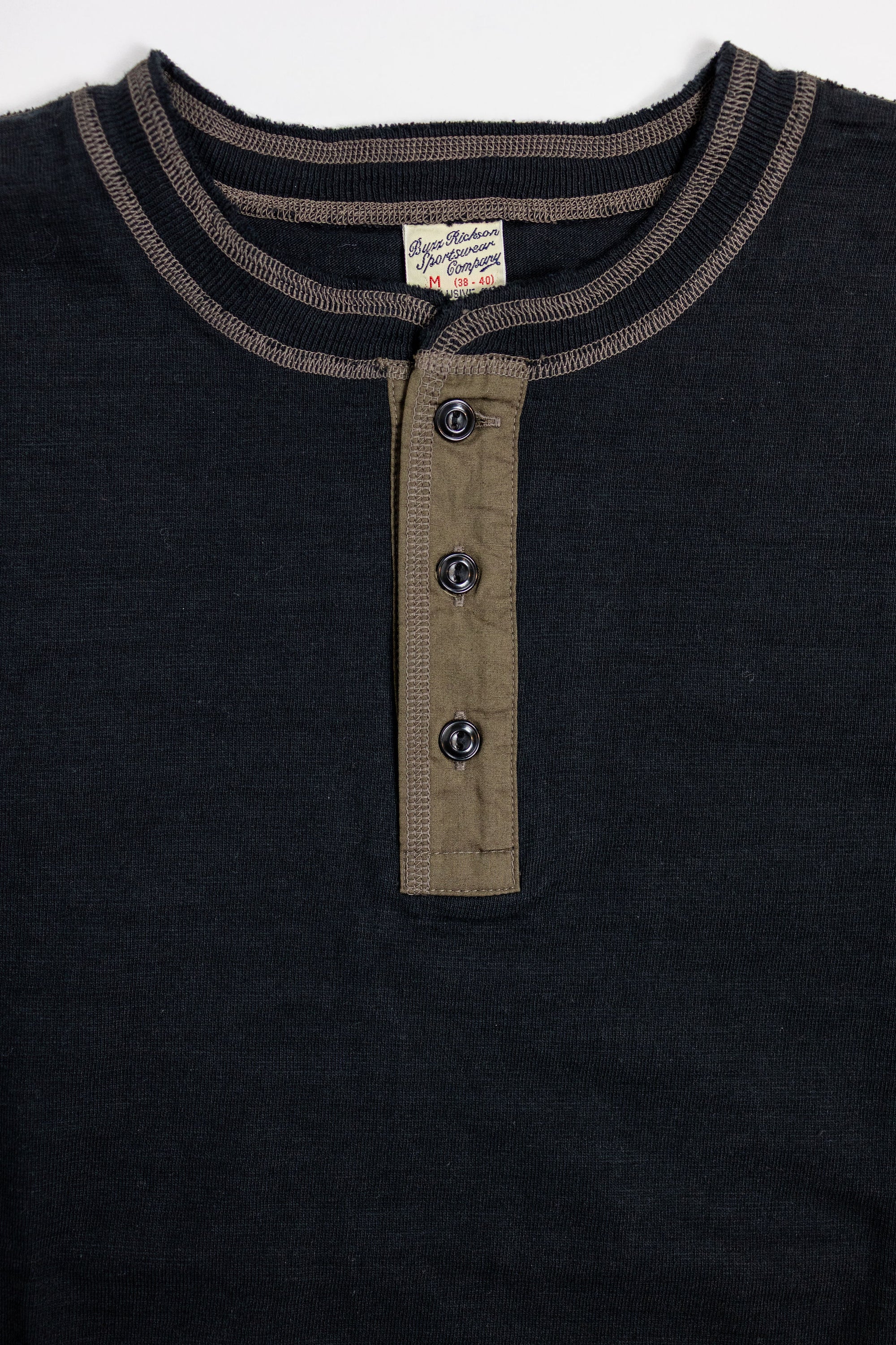 Buzz Rickson's BR79192 Slub Yarn Henley Neck T-Shirt - Black