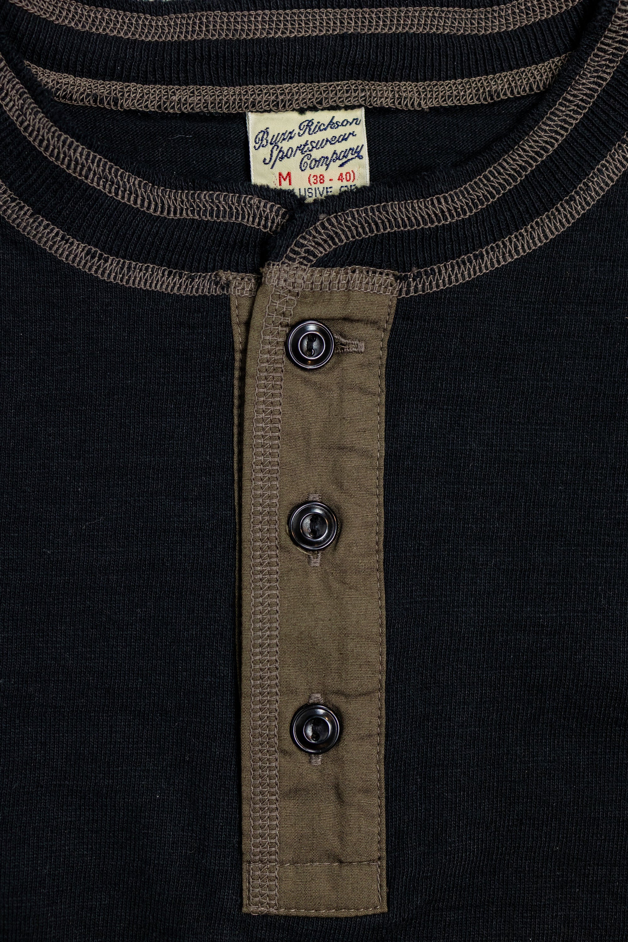 Buzz Rickson's BR79192 Slub Yarn Henley Neck T-Shirt - Black