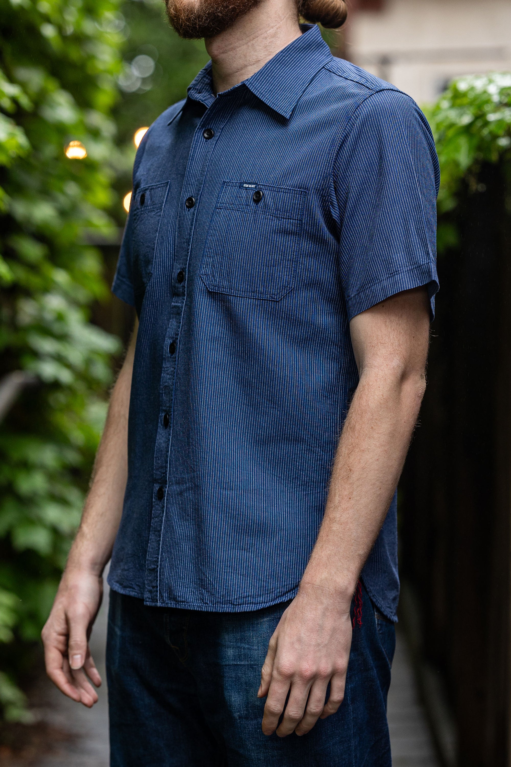 Iron Heart IHSH-420-PIN 5oz Selvedge Ox Cloth Short Sleeved Work Shirt - Pinstripe