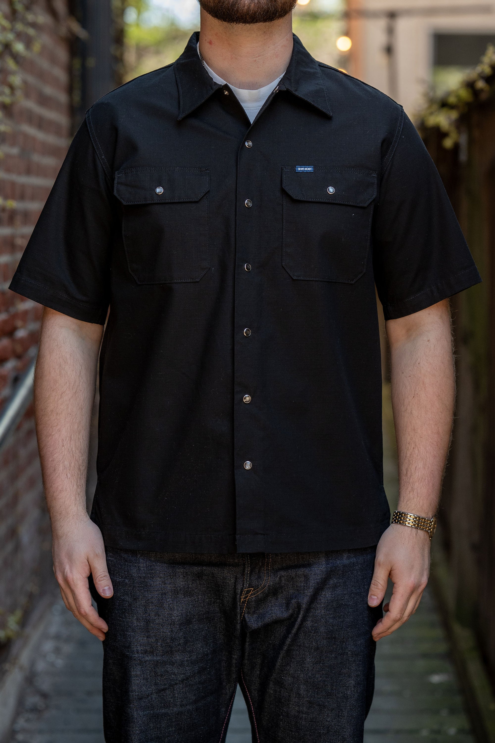Iron Heart IHSH-415-BLK 8oz Ripstop Short Sleeved Mechanic Shirt - Black