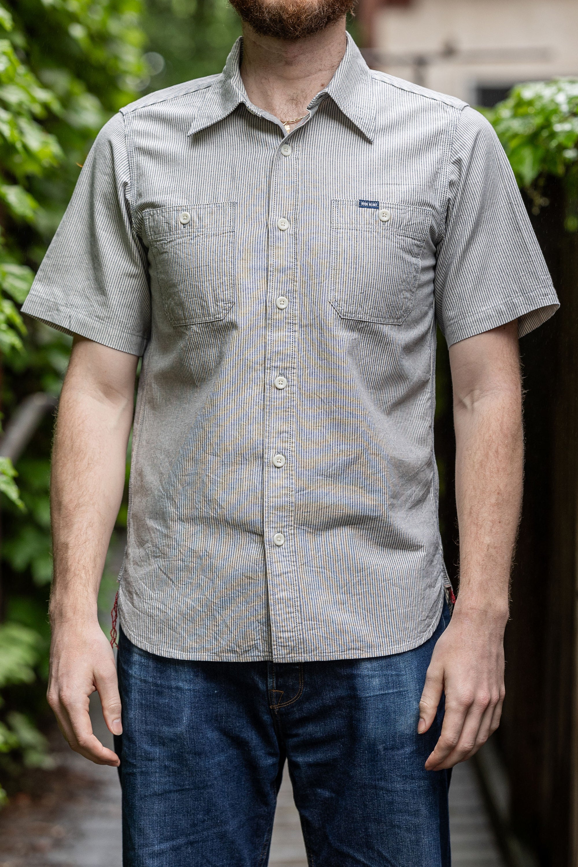 Iron Heart IHSH-420-HIC 5oz Selvedge Ox Cloth Short Sleeved Work Shirt - Hickory Stripe