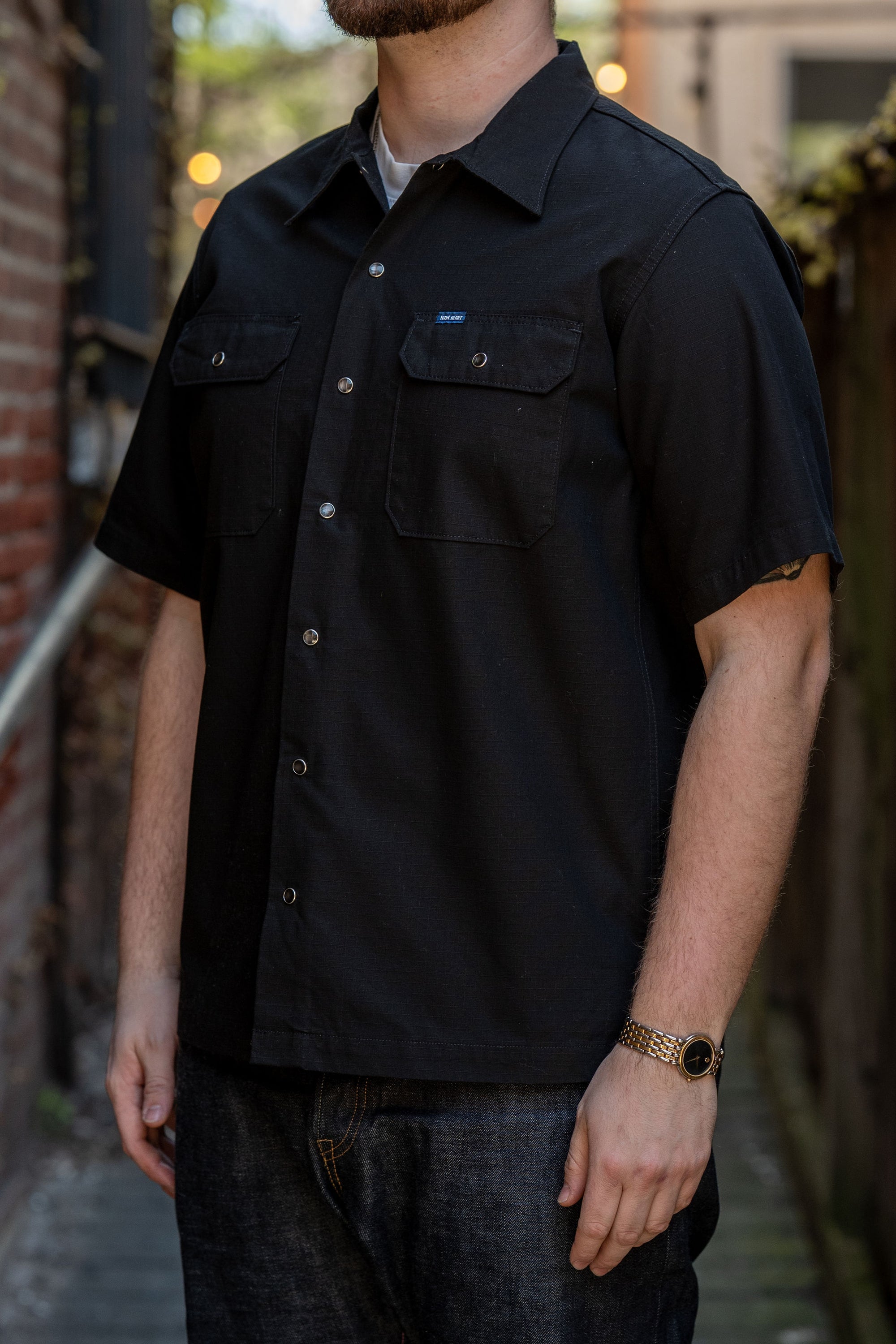 Iron Heart IHSH-415-BLK 8oz Ripstop Short Sleeved Mechanic Shirt - Black