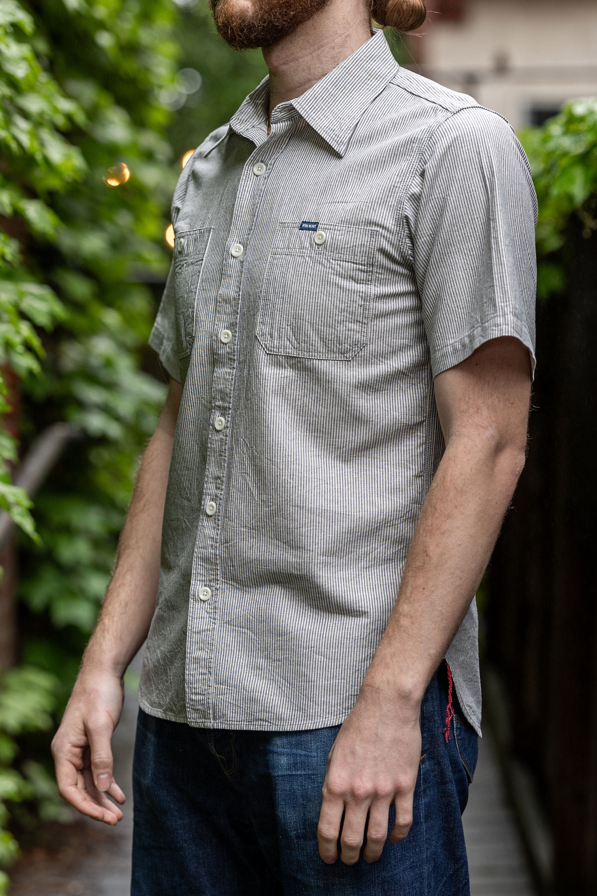 Iron Heart IHSH-420-HIC 5oz Selvedge Ox Cloth Short Sleeved Work Shirt - Hickory Stripe