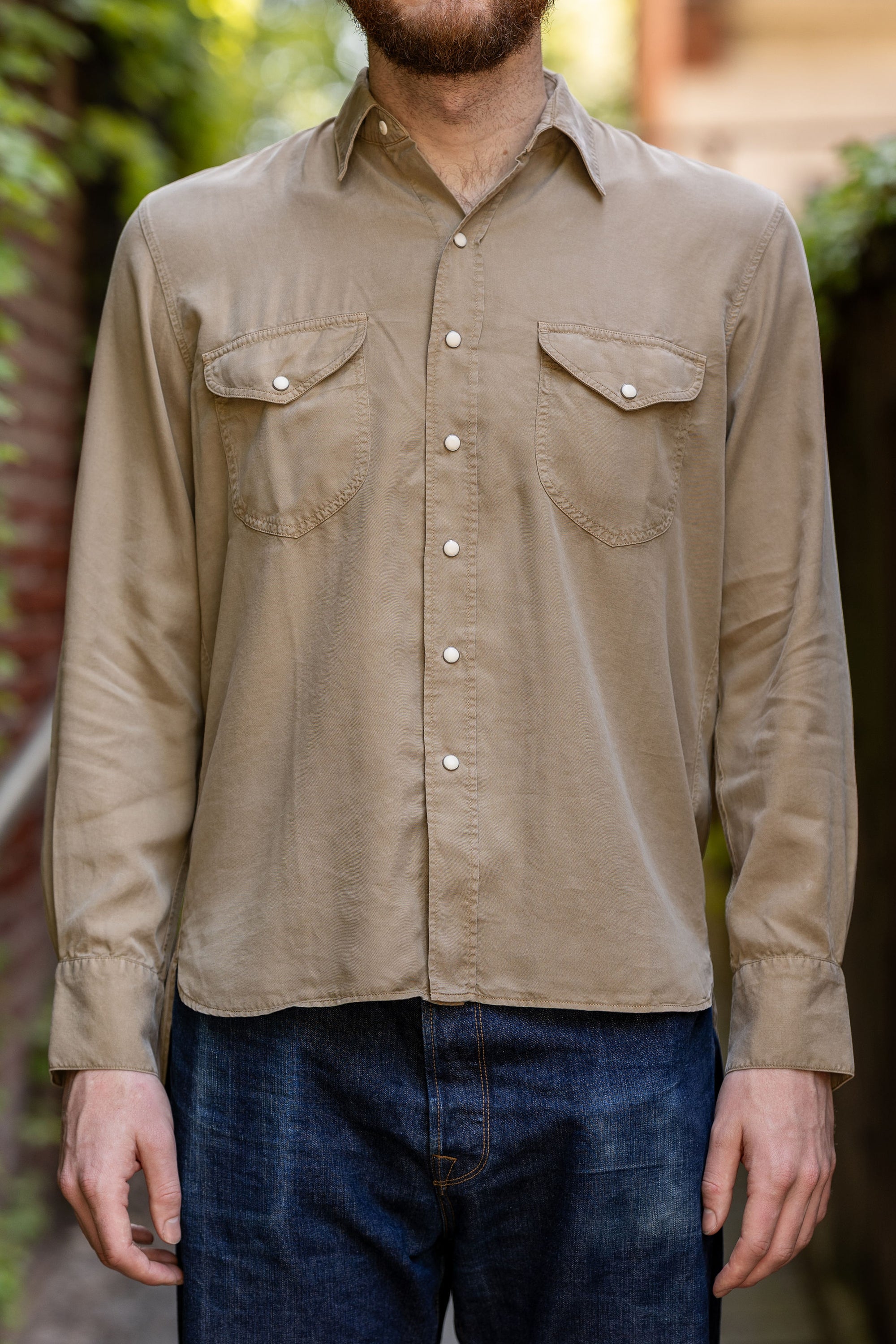 Wythe Tencel Gabardine Pearlsnap Shirt - Camp Khaki