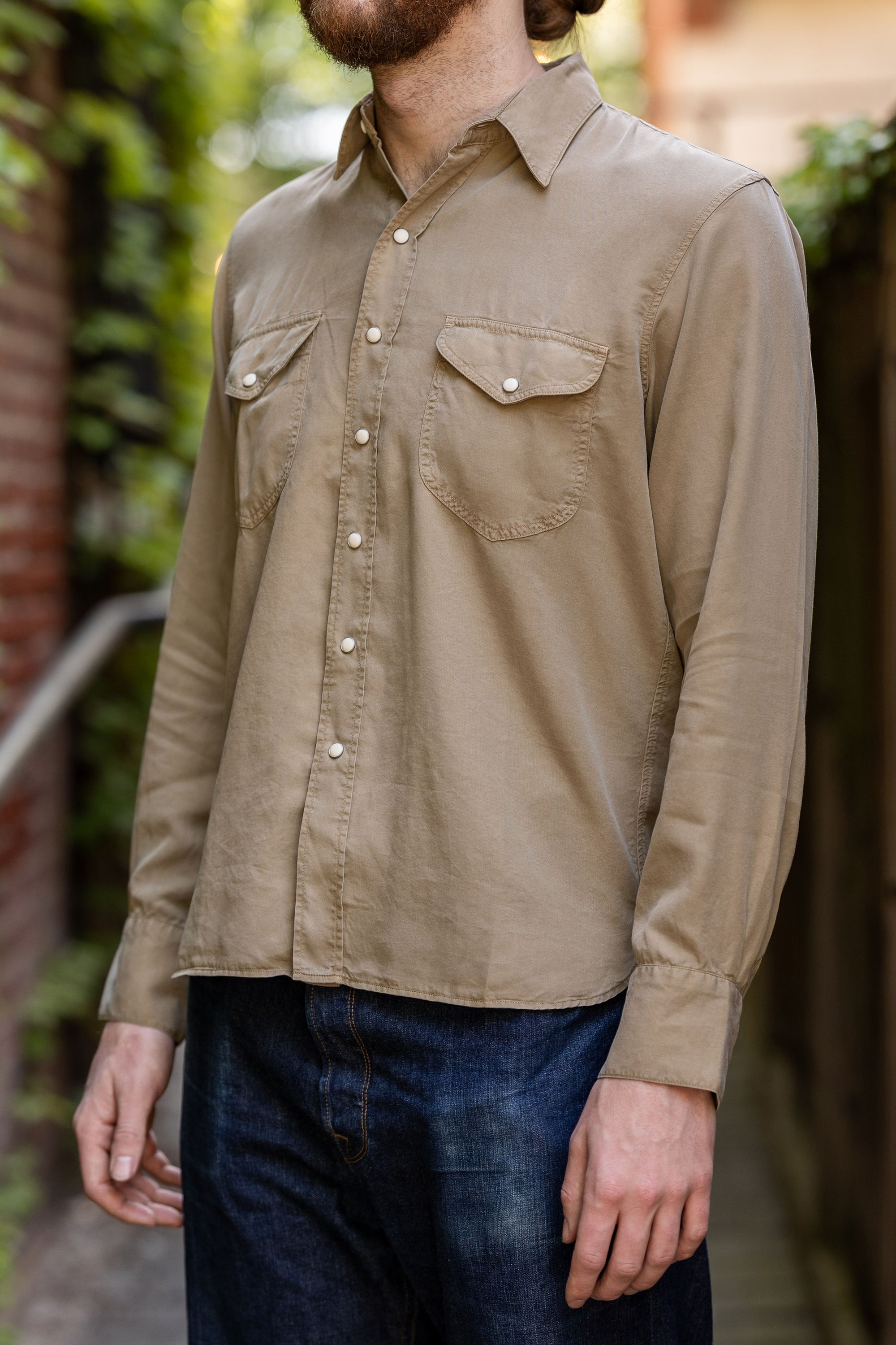 Wythe Tencel Gabardine Pearlsnap Shirt - Camp Khaki
