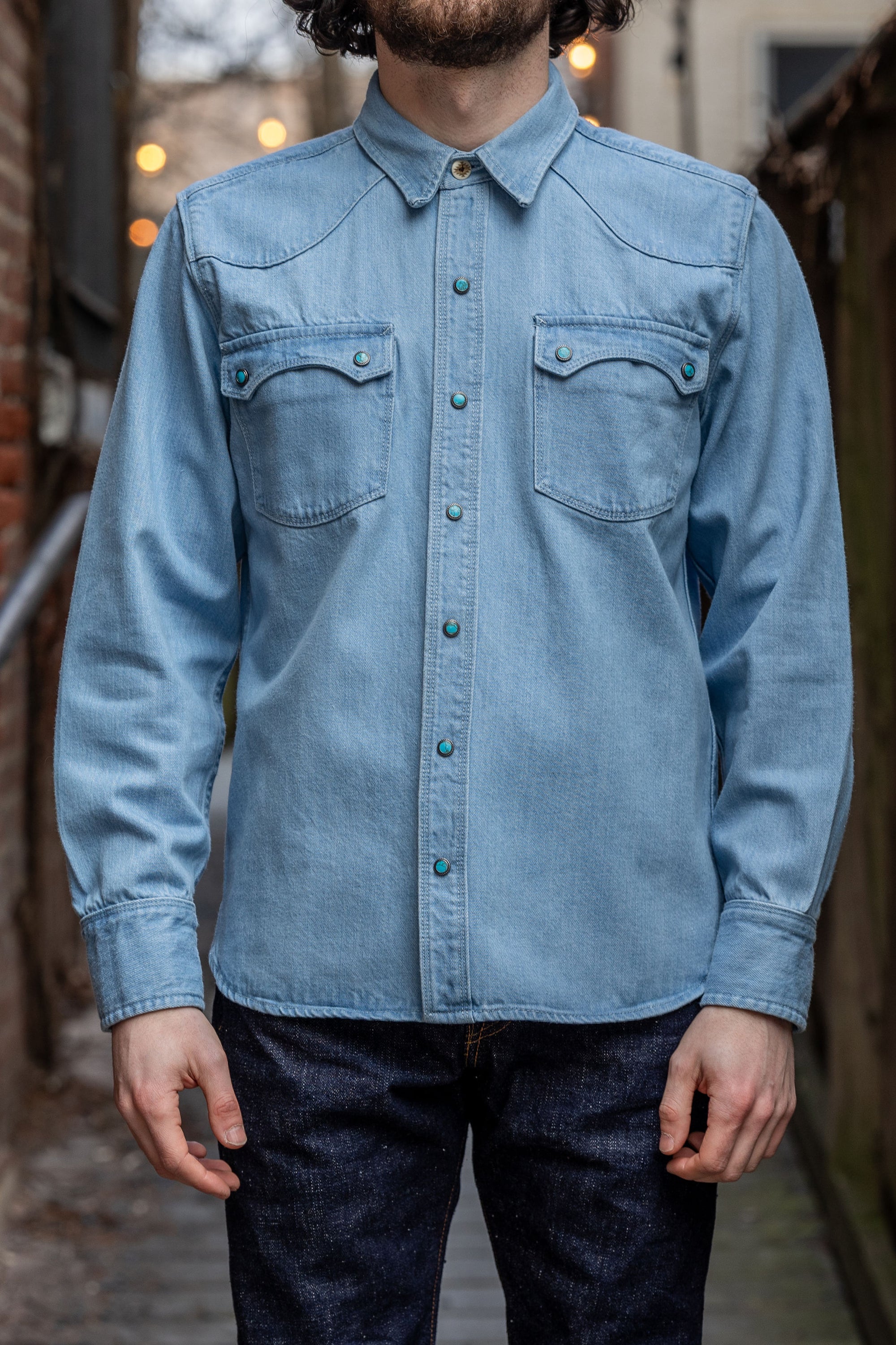 Freenote Cloth Modern Western - 11oz Bleached Denim with Turquoise Snaps