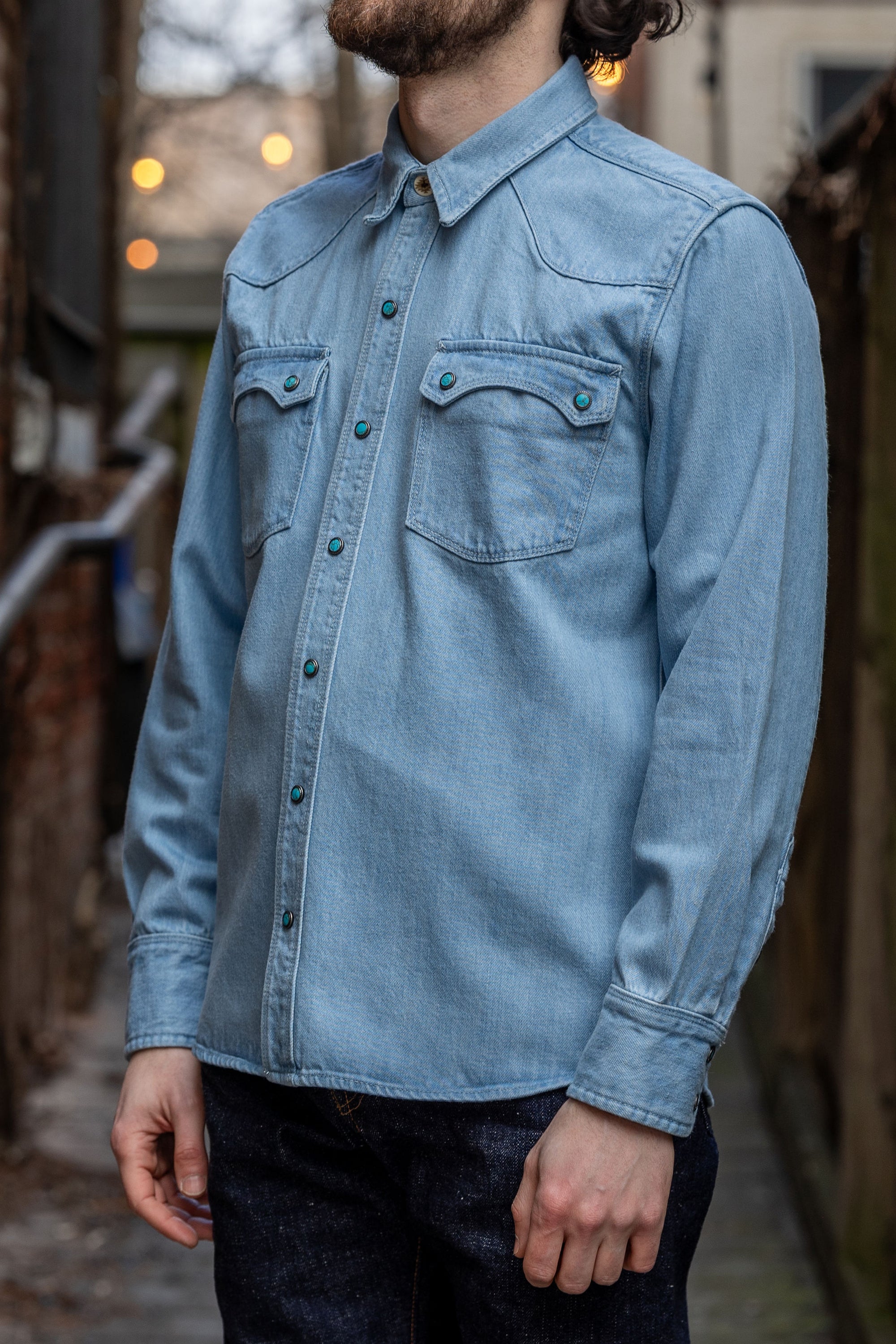 Freenote Cloth Modern Western - 11oz Bleached Denim with Turquoise Snaps