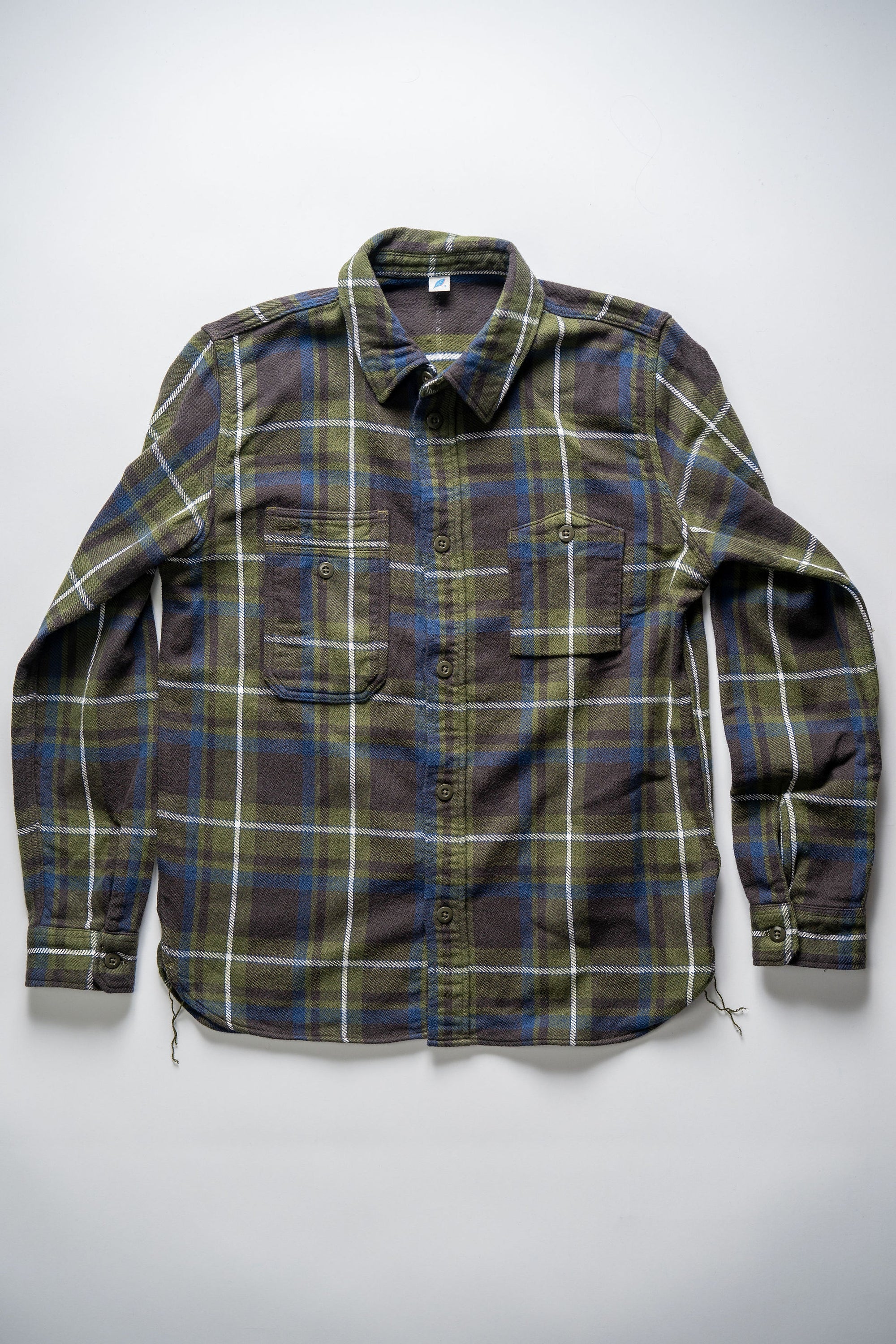 Pure Blue Japan 2222-OL Raised Surface Check Double Pocket Shirt -Olive