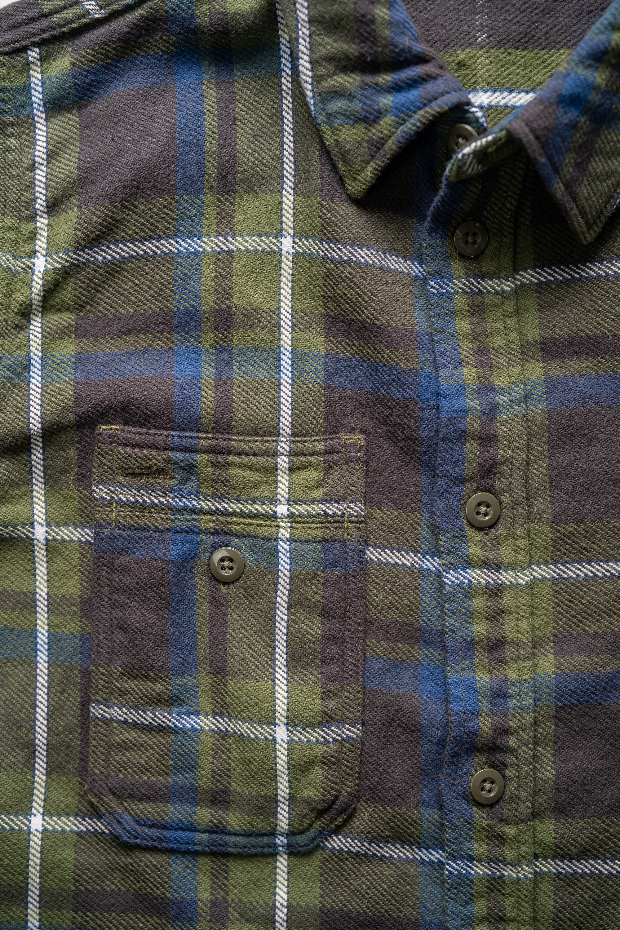 Pure Blue Japan 2222-OL Raised Surface Check Double Pocket Shirt -Olive
