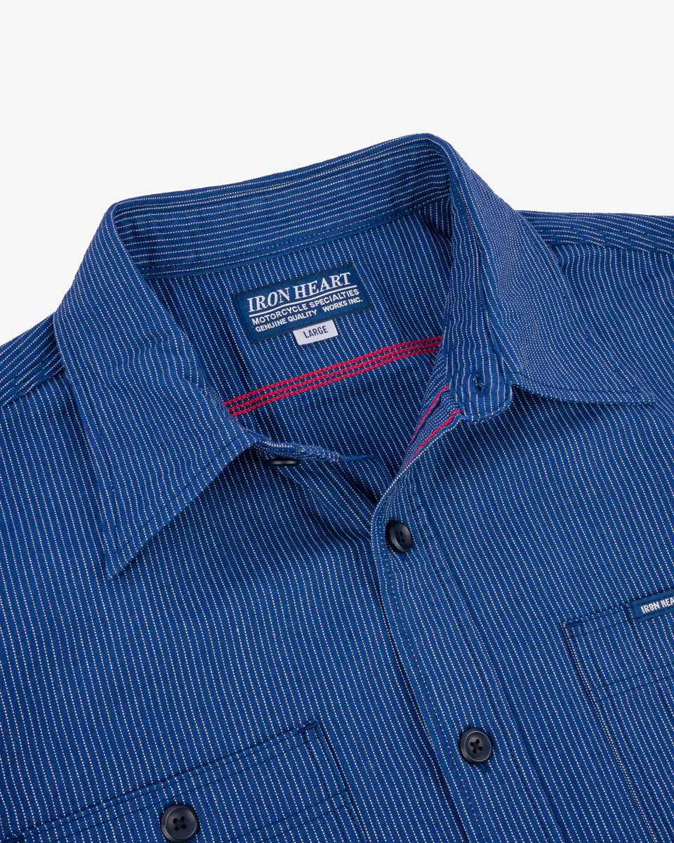 Iron Heart IHSH-420-PIN 5oz Selvedge Ox Cloth Short Sleeved Work Shirt - Pinstripe