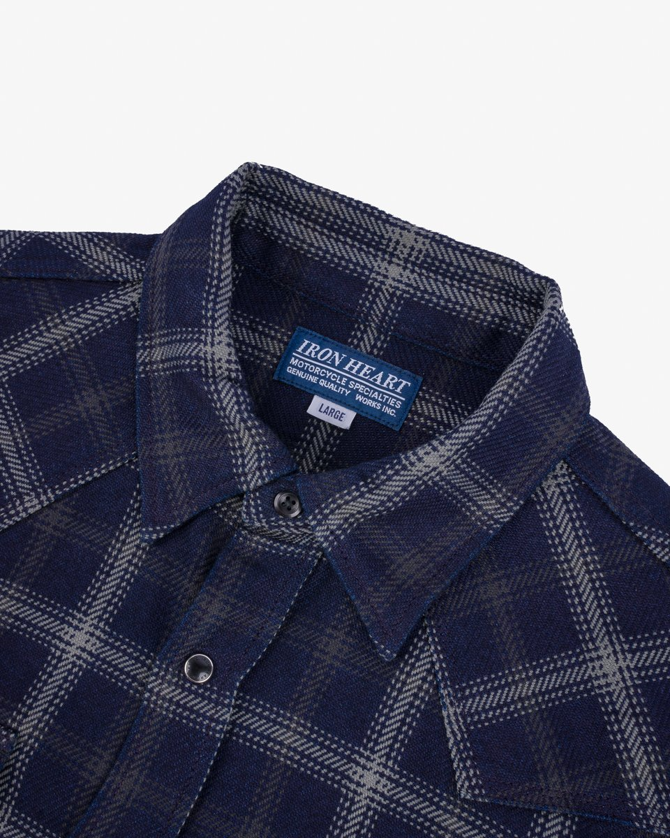 Iron Heart IHSH-411-BLK 9oz Selvedge Indigo Check Flannel Western Shirt - Black