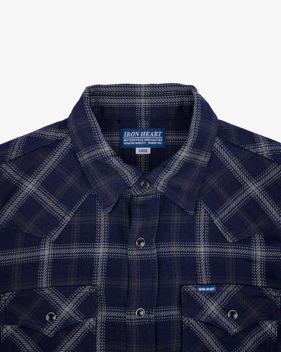 Iron Heart IHSH-411-BLK 9oz Selvedge Indigo Check Flannel Western Shirt - Black