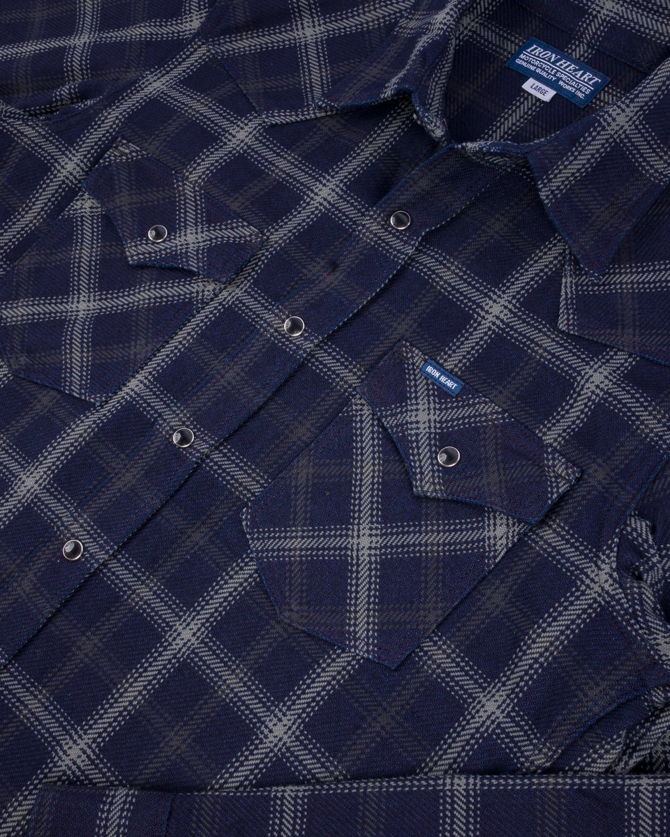 Iron Heart IHSH-411-BLK 9oz Selvedge Indigo Check Flannel Western Shirt - Black