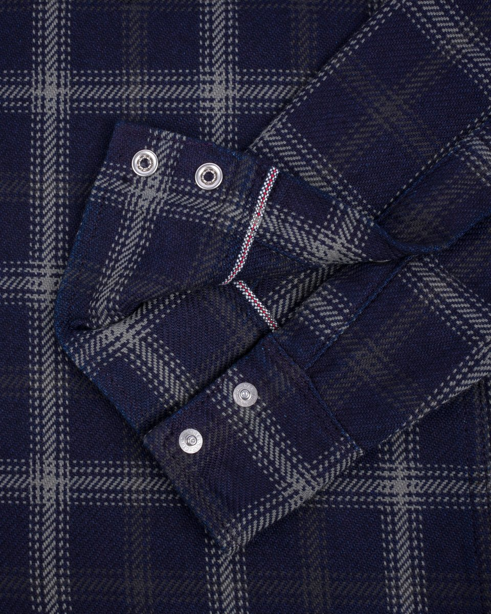 Iron Heart IHSH-411-BLK 9oz Selvedge Indigo Check Flannel Western Shirt - Black