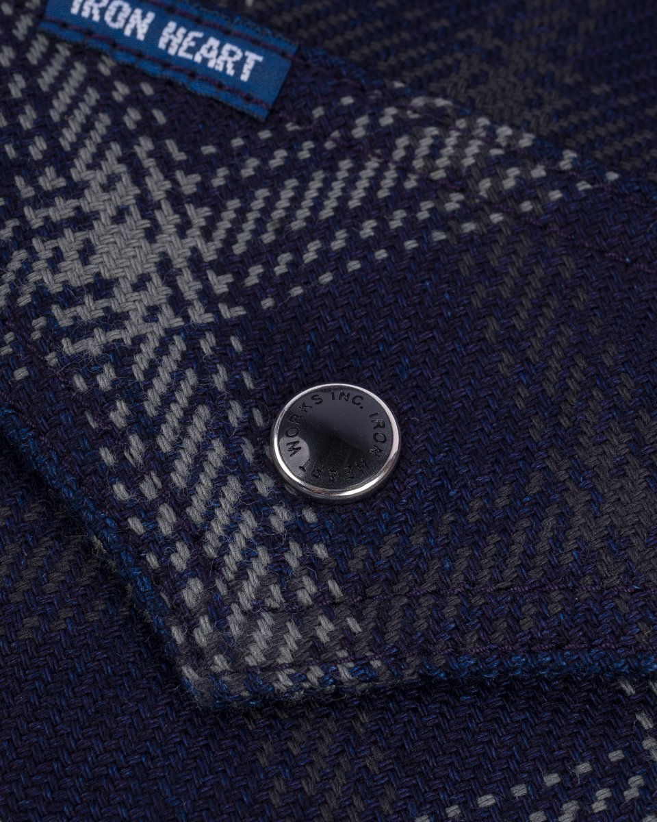 Iron Heart IHSH-411-BLK 9oz Selvedge Indigo Check Flannel Western Shirt - Black