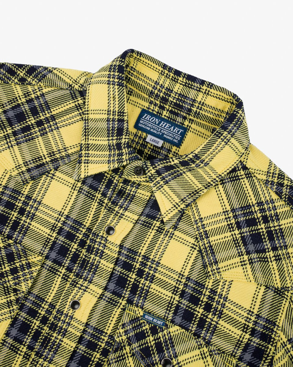 Iron Heart IHSH-411-YEL 9oz Selvedge Indigo Check Flannel Western Shirt - Yellow
