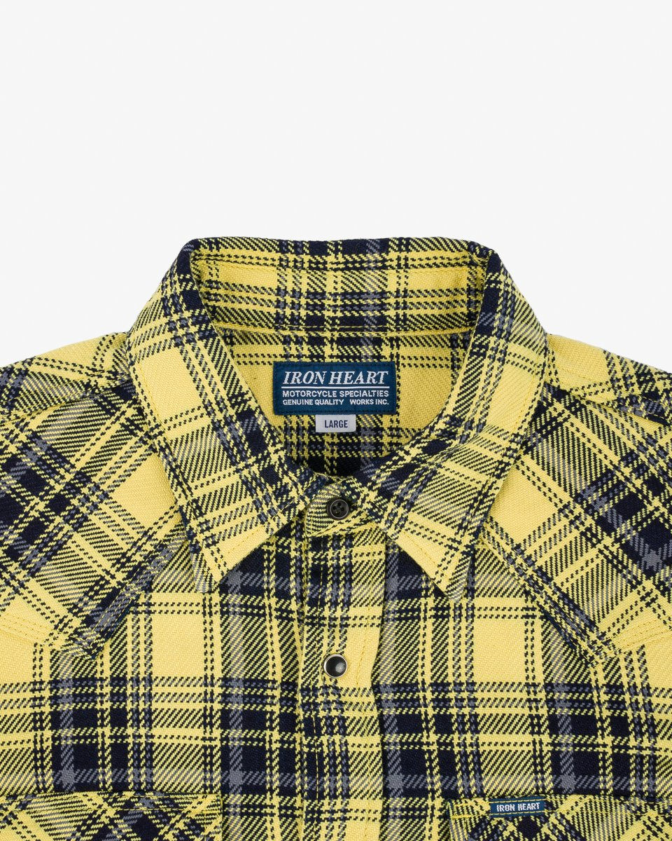 Iron Heart IHSH-411-YEL 9oz Selvedge Indigo Check Flannel Western Shirt - Yellow