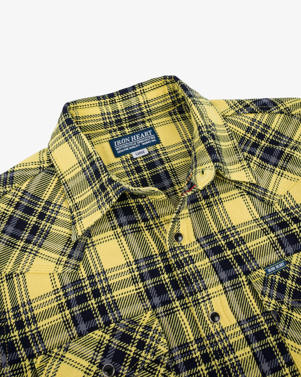 Iron Heart IHSH-411-YEL 9oz Selvedge Indigo Check Flannel Western Shirt - Yellow