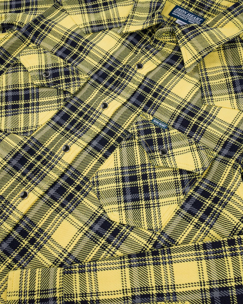 Iron Heart IHSH-411-YEL 9oz Selvedge Indigo Check Flannel Western Shirt - Yellow