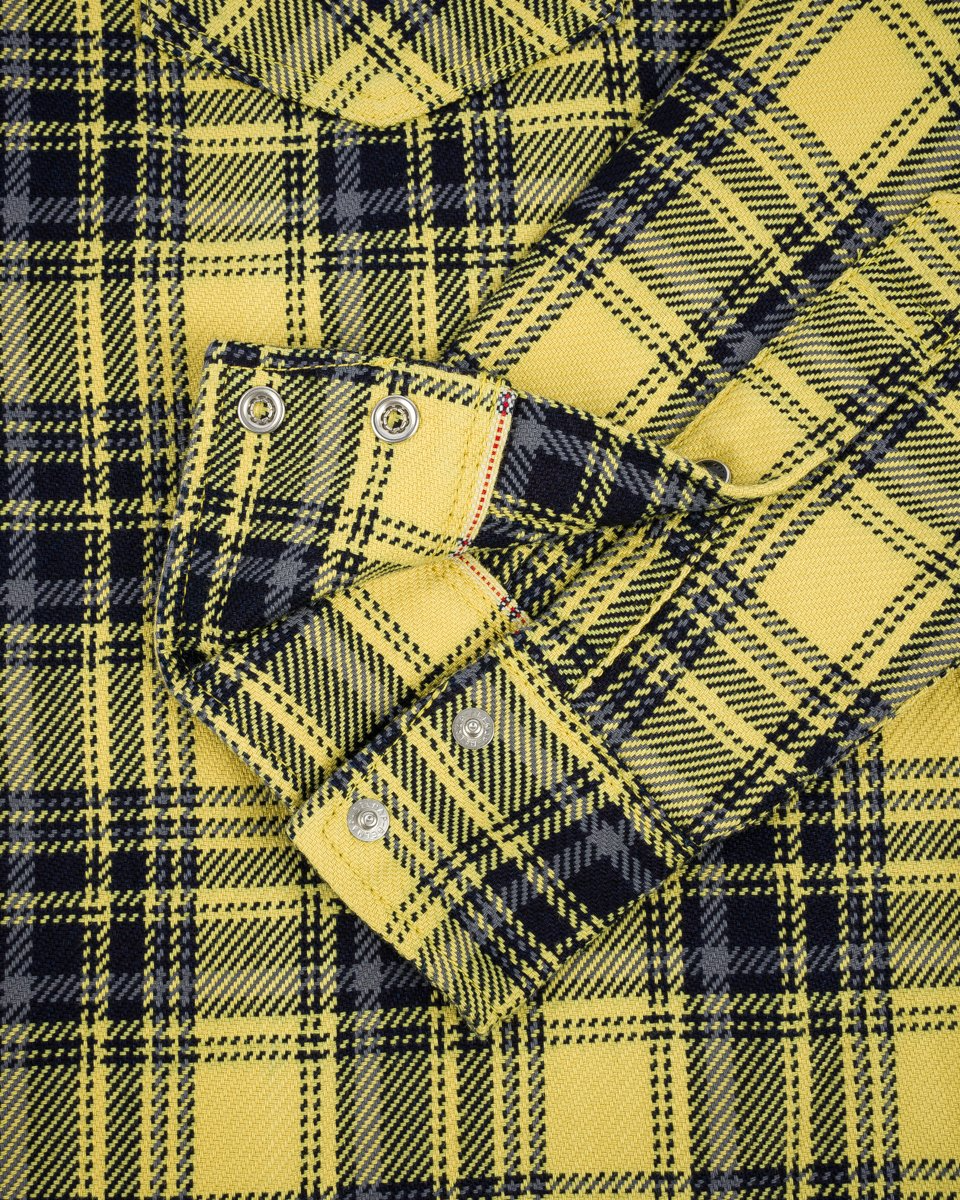 Iron Heart IHSH-411-YEL 9oz Selvedge Indigo Check Flannel Western Shirt - Yellow