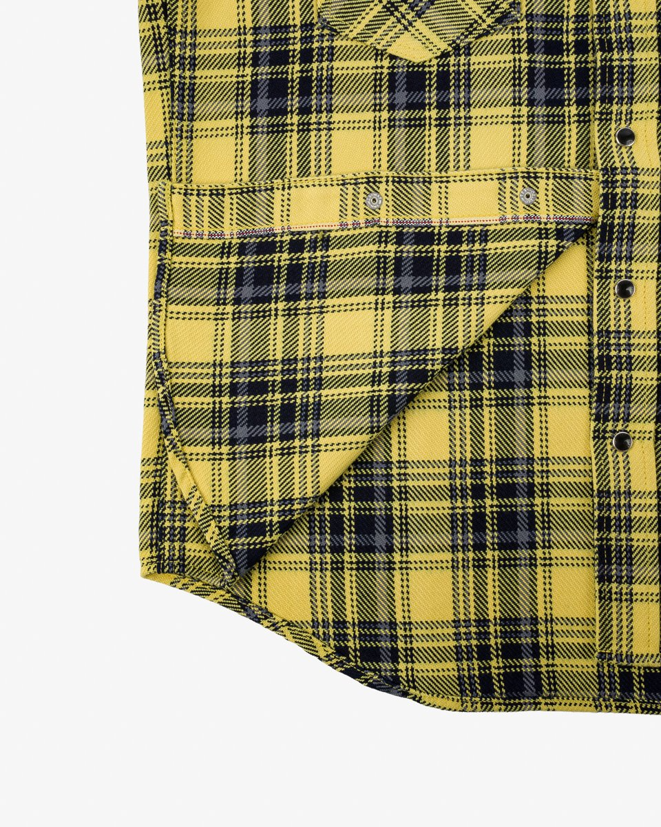 Iron Heart IHSH-411-YEL 9oz Selvedge Indigo Check Flannel Western Shirt - Yellow