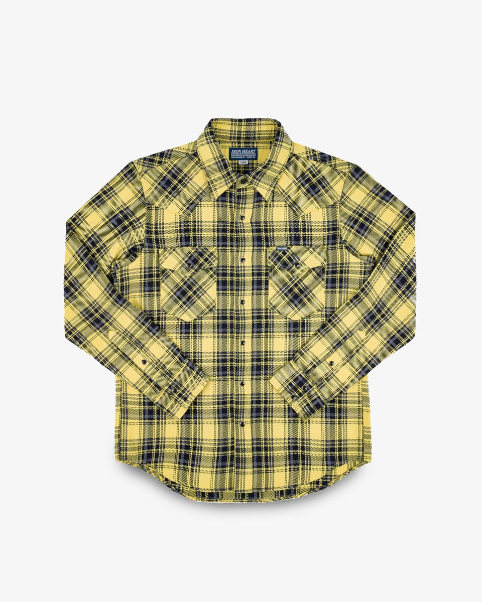 Iron Heart IHSH-411-YEL 9oz Selvedge Indigo Check Flannel Western Shirt - Yellow