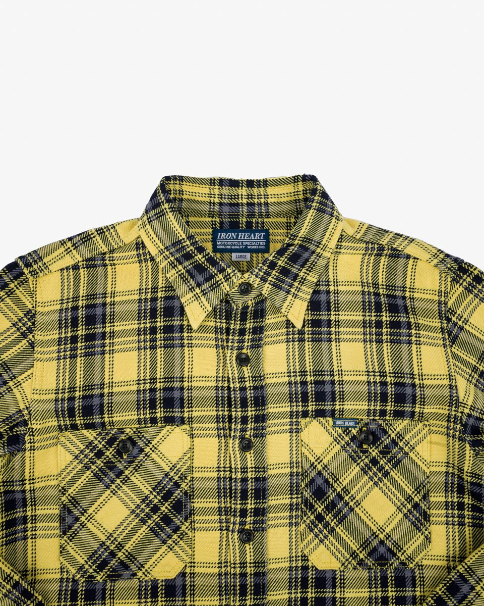 Iron Heart IHSH-412-YEL 9oz Selvedge Indigo Check Flannel Work Shirt - Yellow