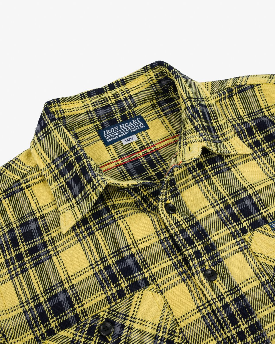 Iron Heart IHSH-412-YEL 9oz Selvedge Indigo Check Flannel Work Shirt - Yellow