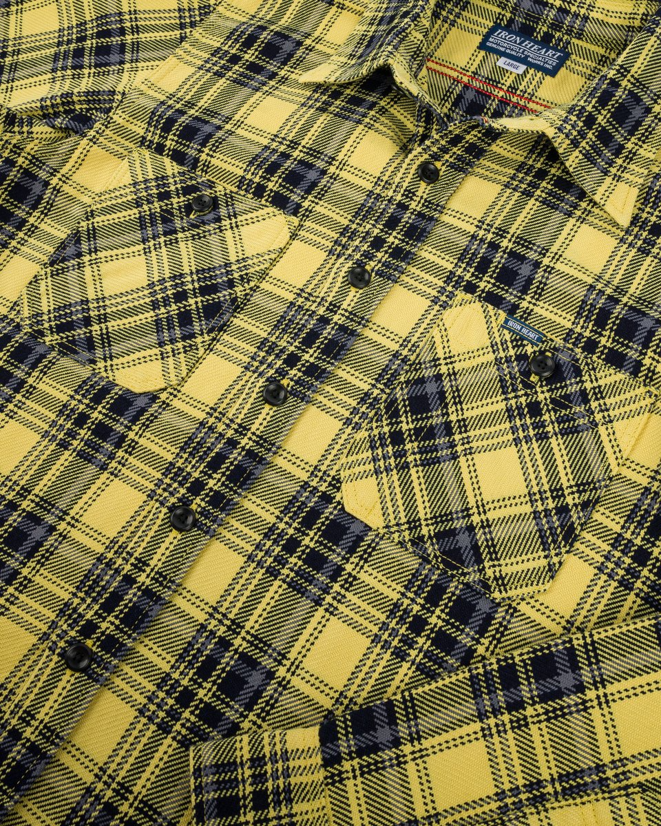 Iron Heart IHSH-412-YEL 9oz Selvedge Indigo Check Flannel Work Shirt - Yellow