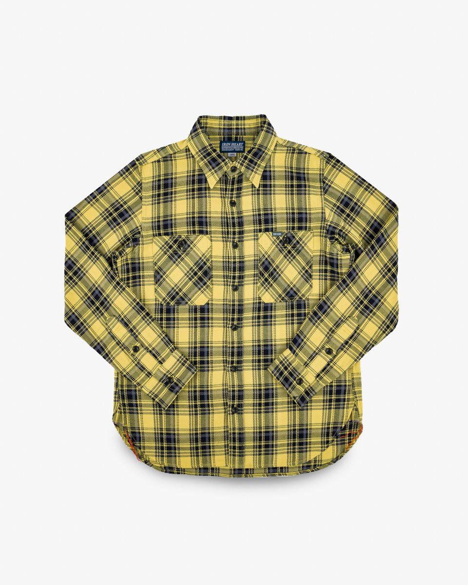 Iron Heart IHSH-412-YEL 9oz Selvedge Indigo Check Flannel Work Shirt - Yellow