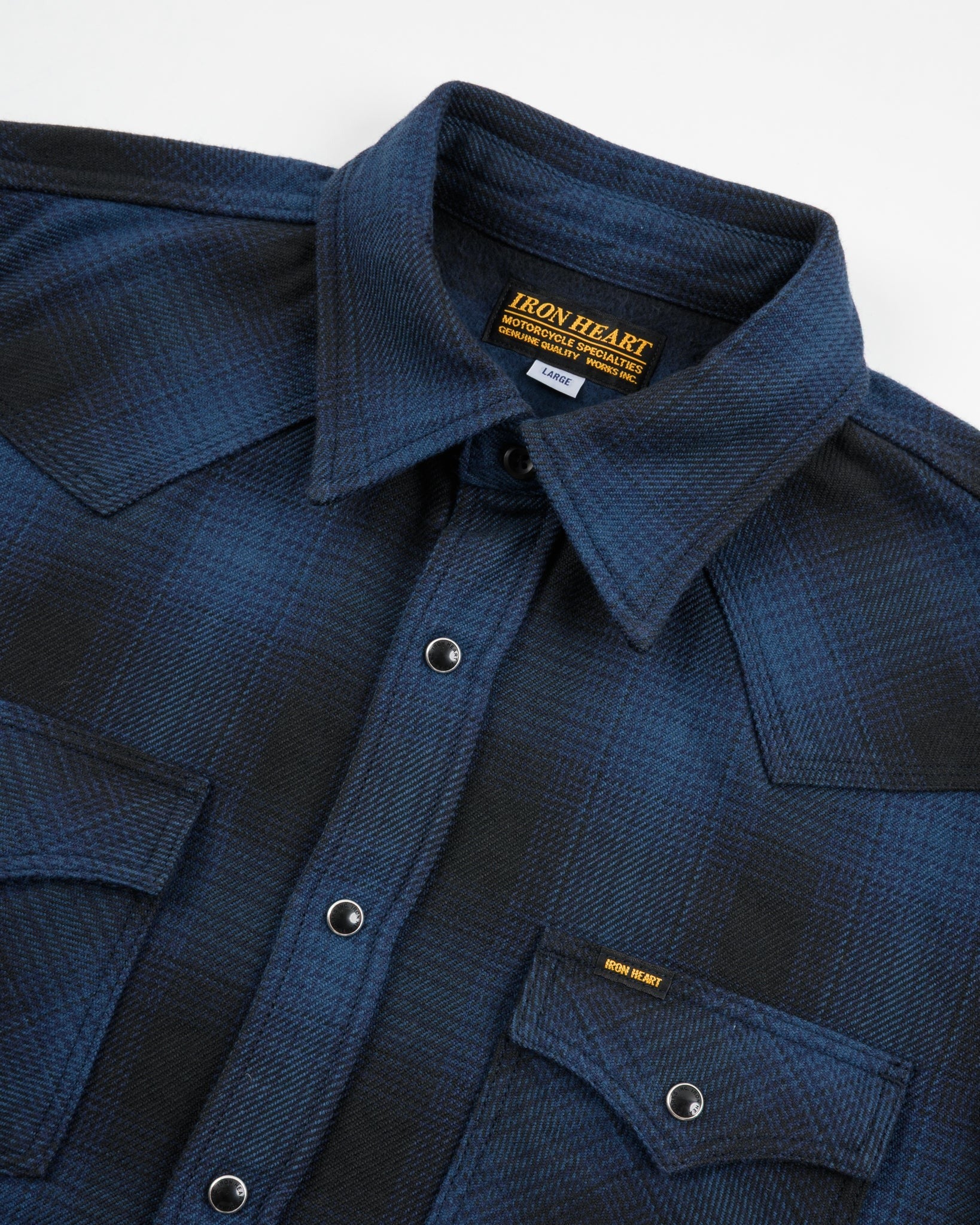 Iron Heart IHSH-264-NAV - Ultra Heavy Flannel Ombré Check Western Shirt - Navy/Black