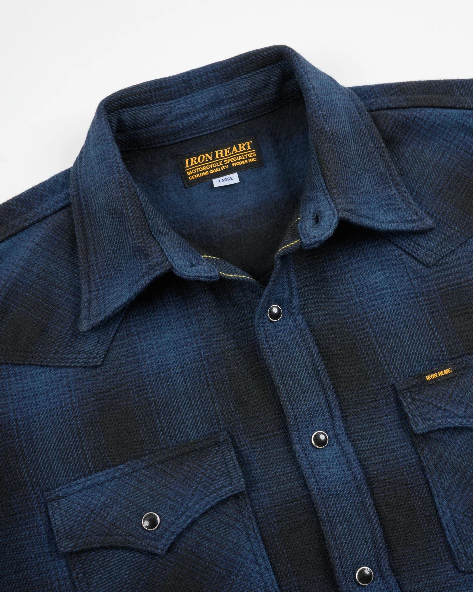 Iron Heart IHSH-264-NAV - Ultra Heavy Flannel Ombré Check Western Shirt - Navy/Black