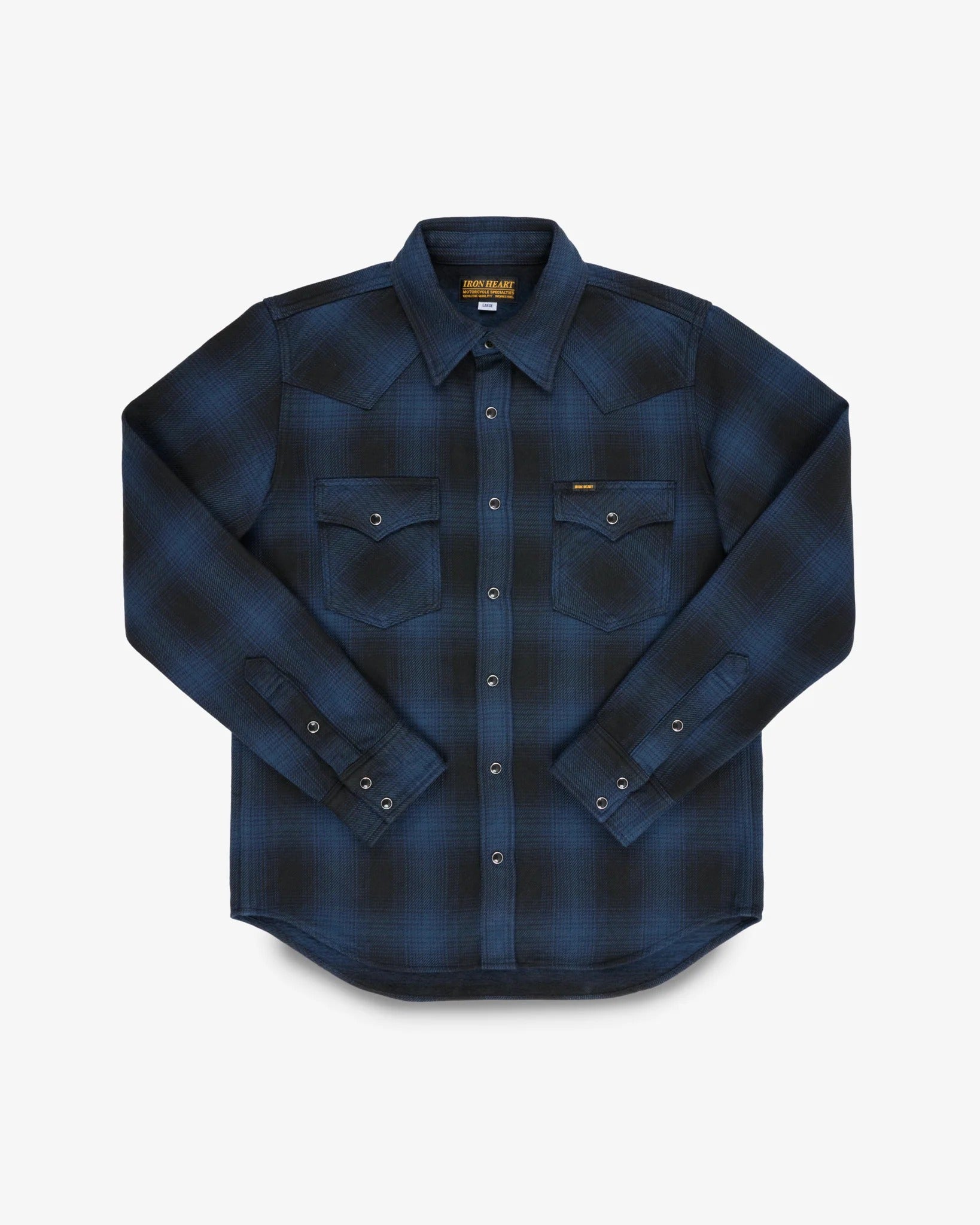 Iron Heart IHSH-264-NAV - Ultra Heavy Flannel Ombré Check Western Shirt - Navy/Black