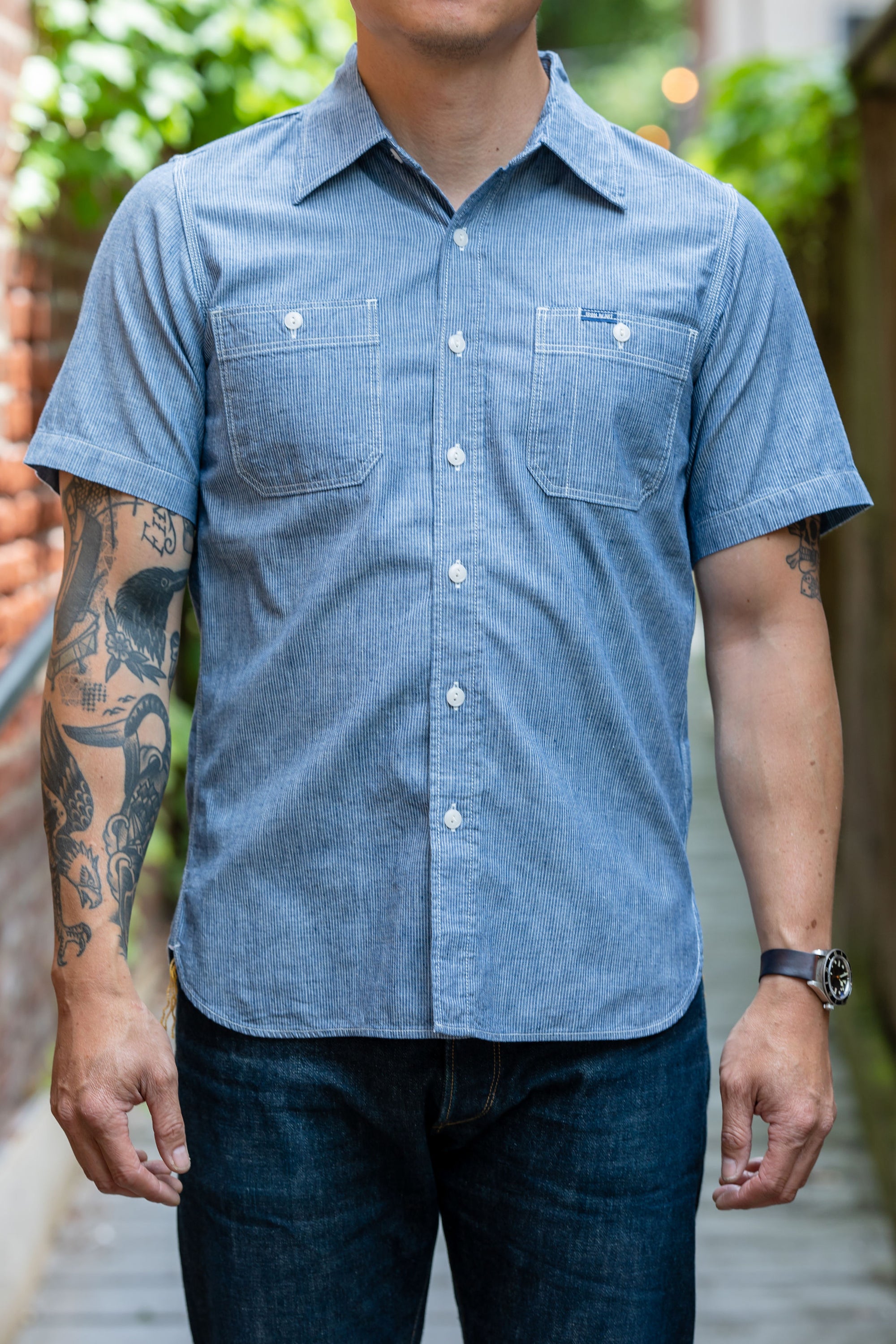 Iron Heart IHSH-285-PIN 5.5oz Selvedge Chambray Short Sleeve Work Shirt - Hairline Stripe