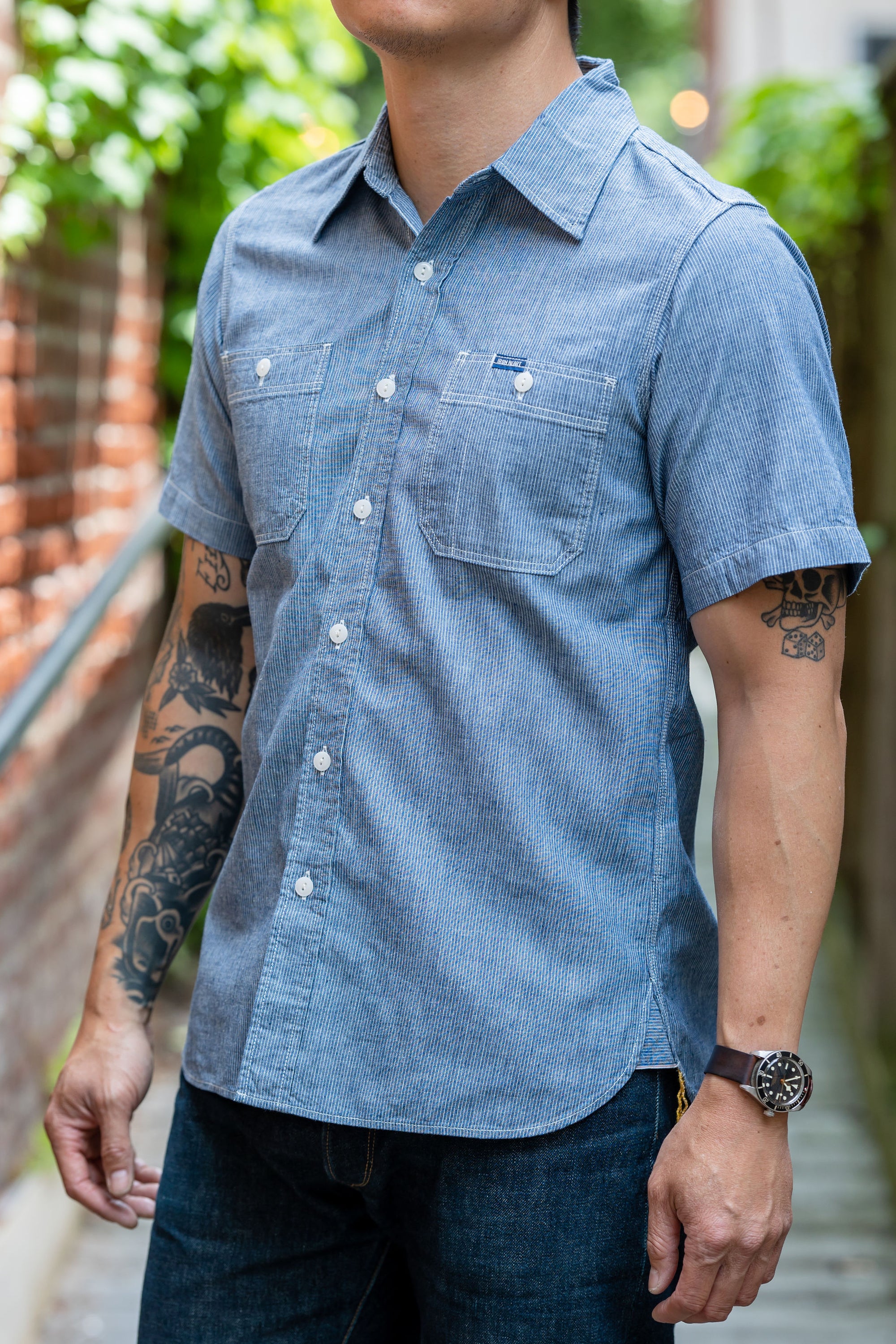 Iron Heart IHSH-285-PIN 5.5oz Selvedge Chambray Short Sleeve Work Shirt - Hairline Stripe