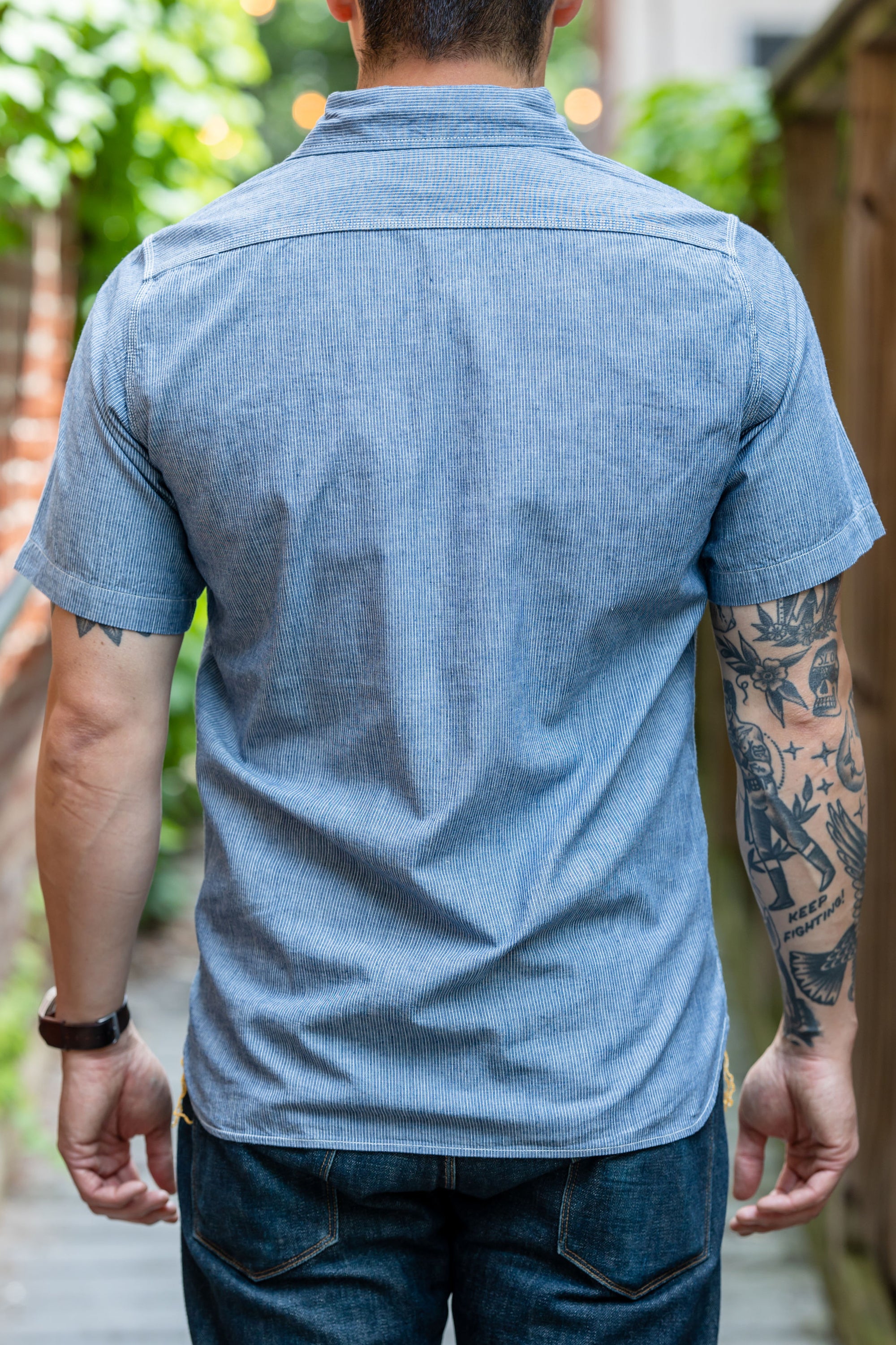 Iron Heart IHSH-285-PIN 5.5oz Selvedge Chambray Short Sleeve Work Shirt - Hairline Stripe