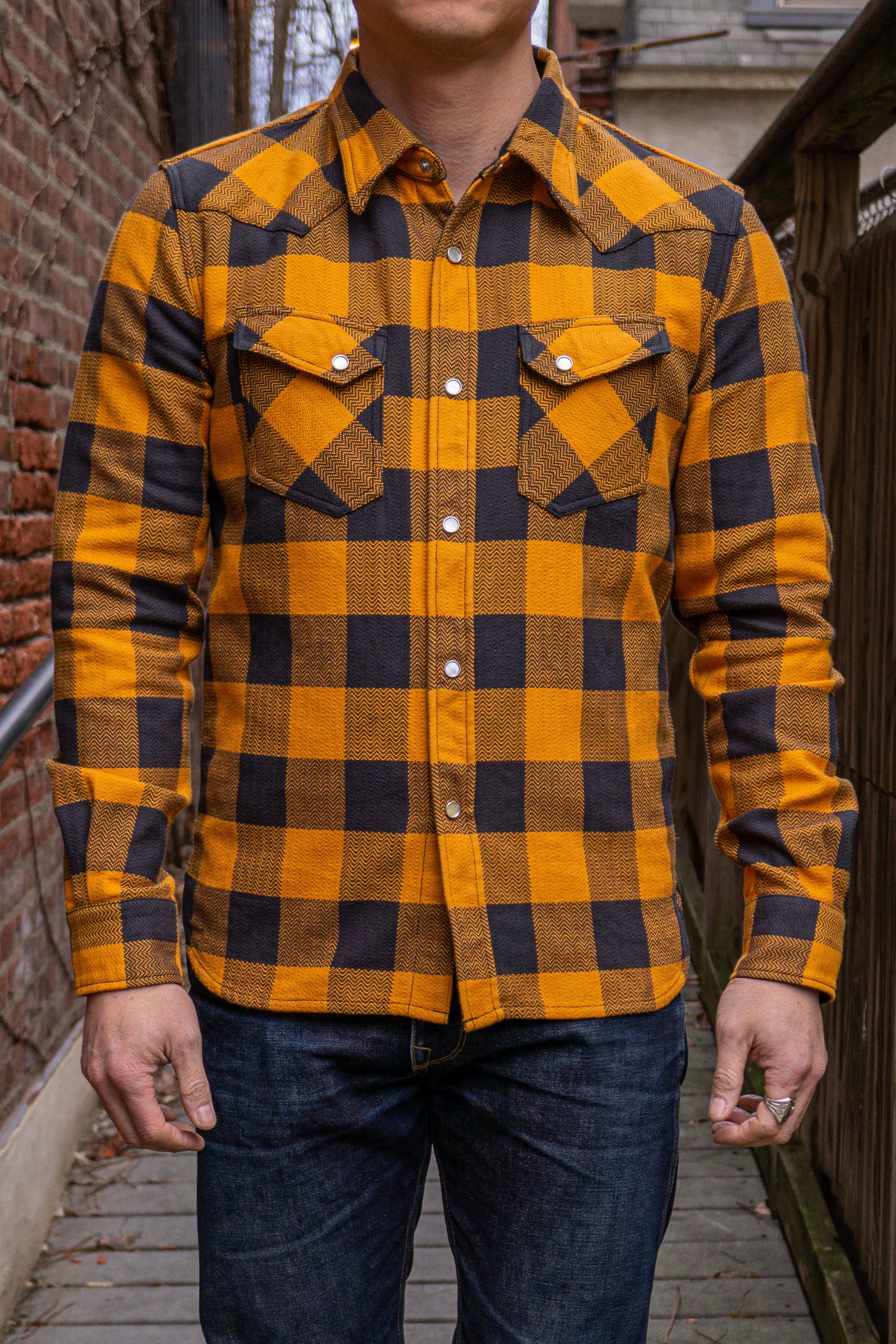 The Flat Head SNW-101L Block Check Western Flannel Shirt - Orange/Charcoal