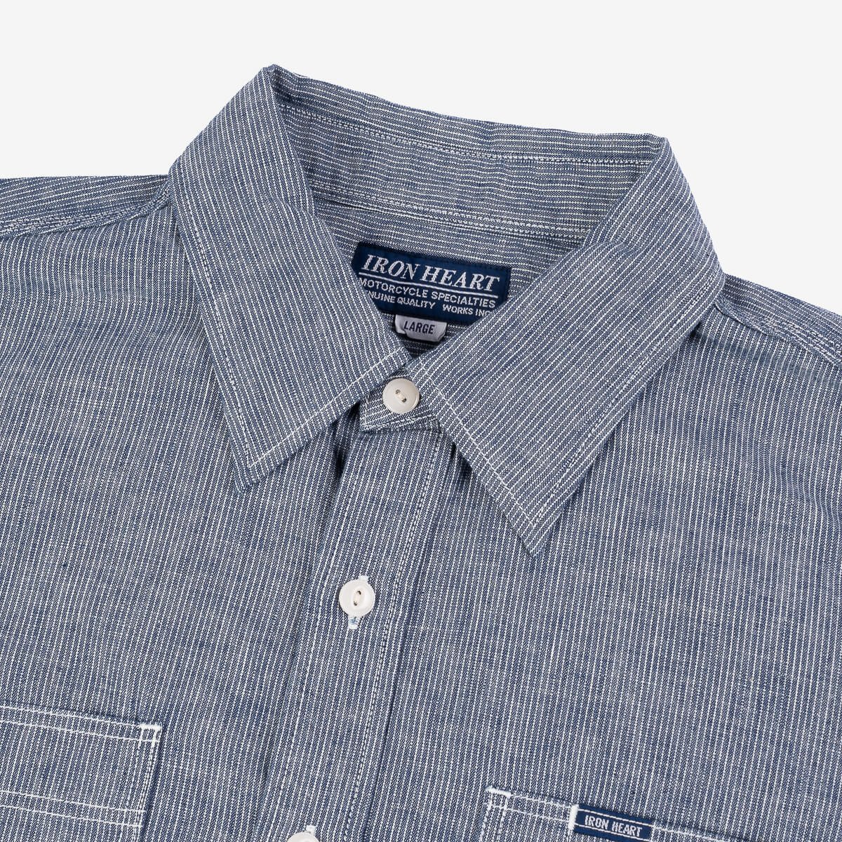 Iron Heart IHSH-285-PIN 5.5oz Selvedge Chambray Short Sleeve Work Shirt - Hairline Stripe