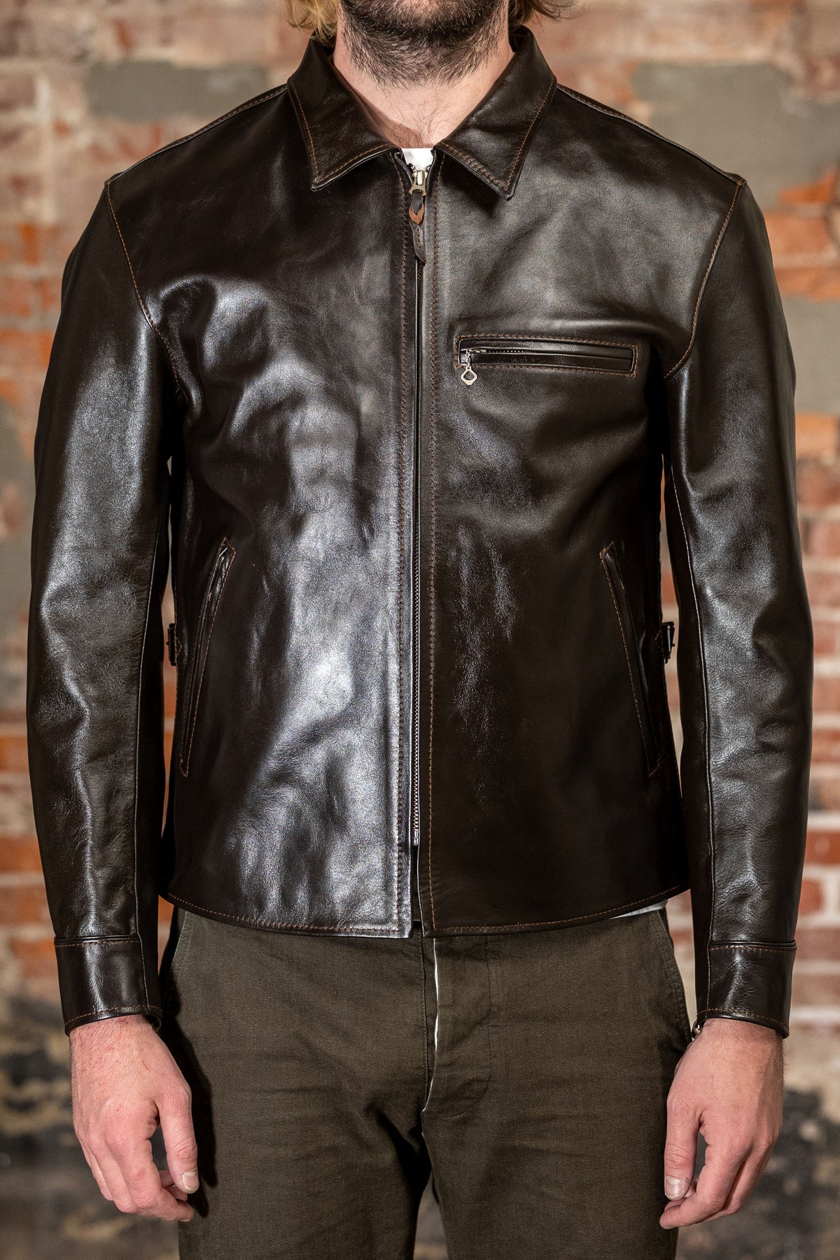 The Flat Head FN-LJ-HS004 Horsehide Quilting Single Riders Jacket - Model Front