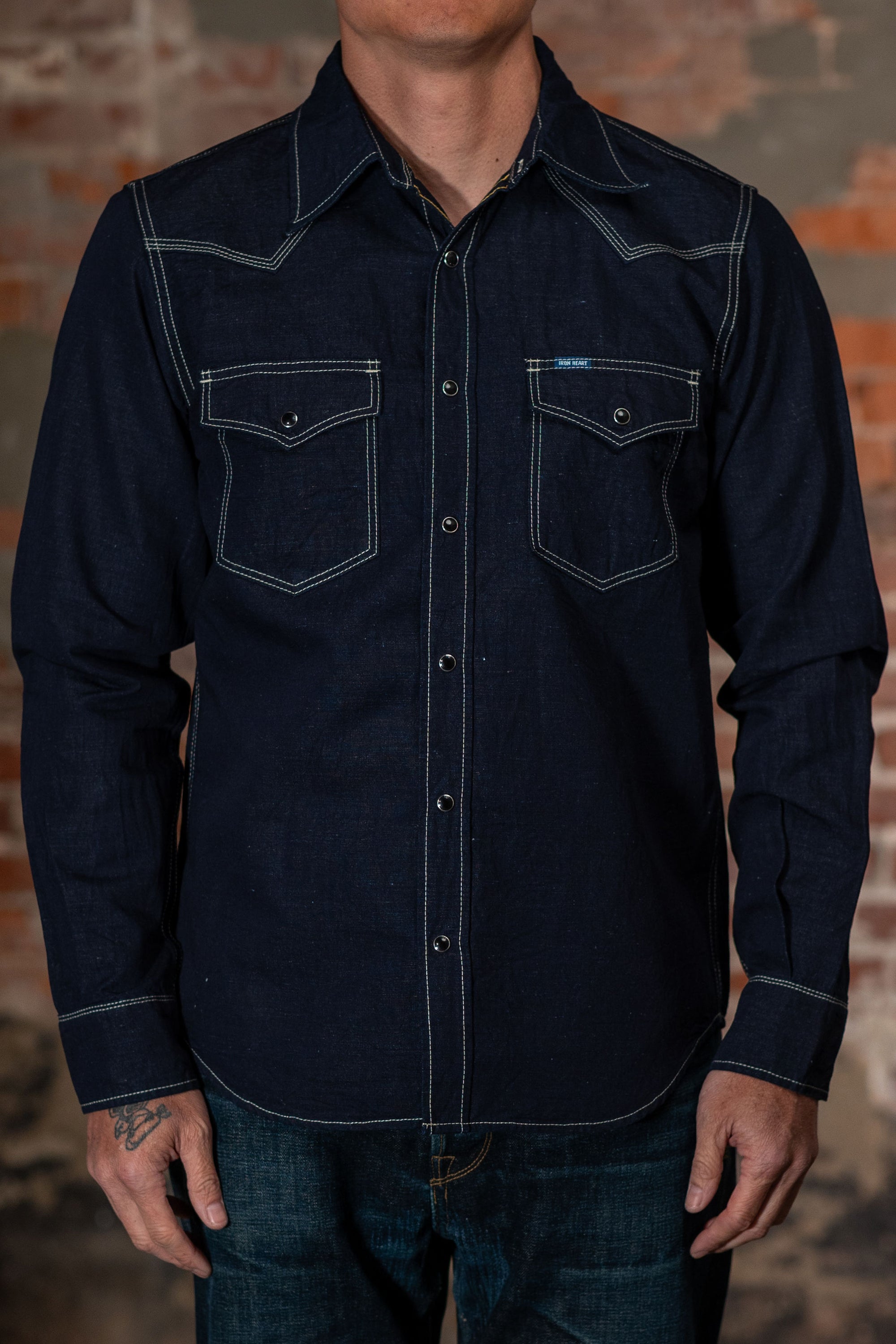 Iron Heart IHSH-444-IND 7oz Cotton Linen Chambray Western Shirt - Indigo