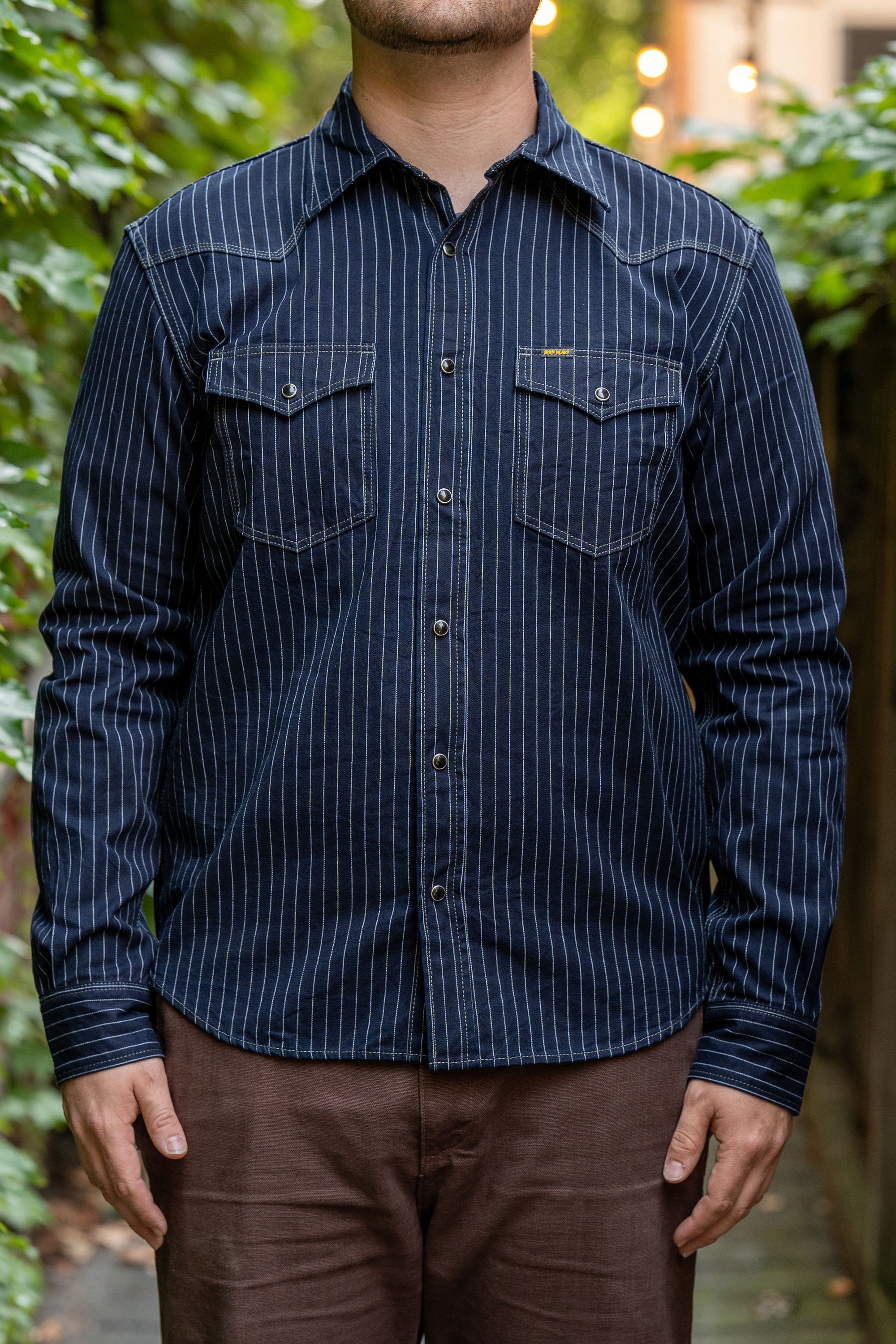 Iron Heart IHSH-424-IND 8.5oz Herringbone Stripe Western Shirt - Indigo
