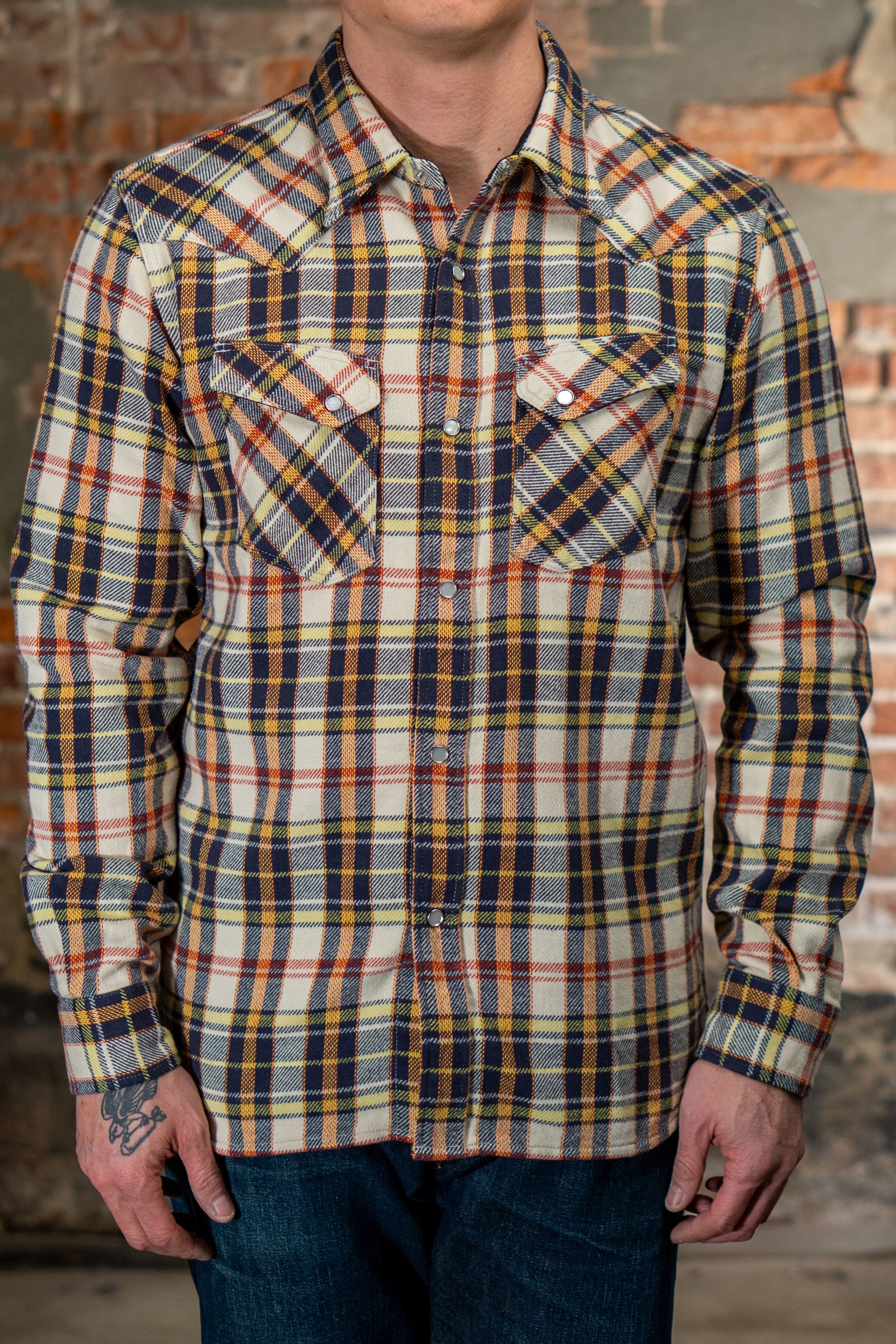 The Flat Head FN-SNR-014L Check Flannel Western Shirt - Ivory/Black