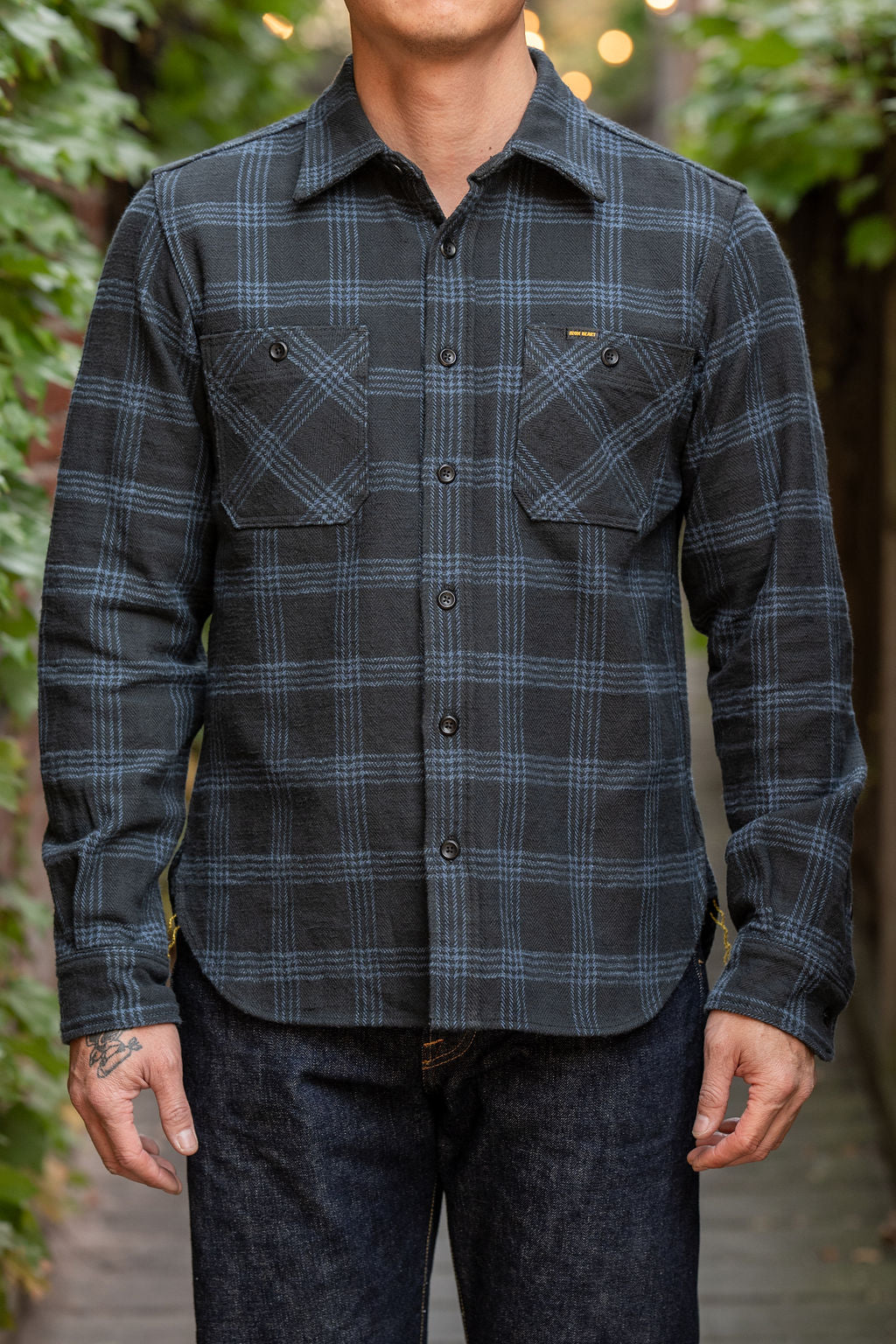 Iron Heart IHSH-408-BLK 12oz Slubby Heavy Flannel Check Work Shirt - Black