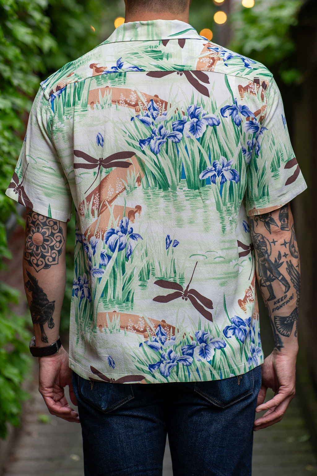 Sun Surf Rayon Hawaiian Shirt "Iris & Dragonfly" - Brown