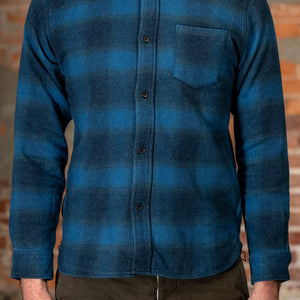 Pure Blue Japan 2235-BE Tweed Check  Shirt - Beige Indigo Overdye. on model front profile